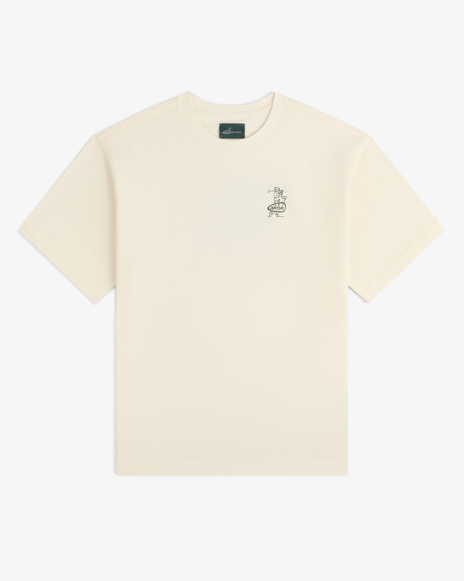 ALD Golf Swing Tee: Off-white short-sleeve t-shirt with small black graphic and text on left chest.