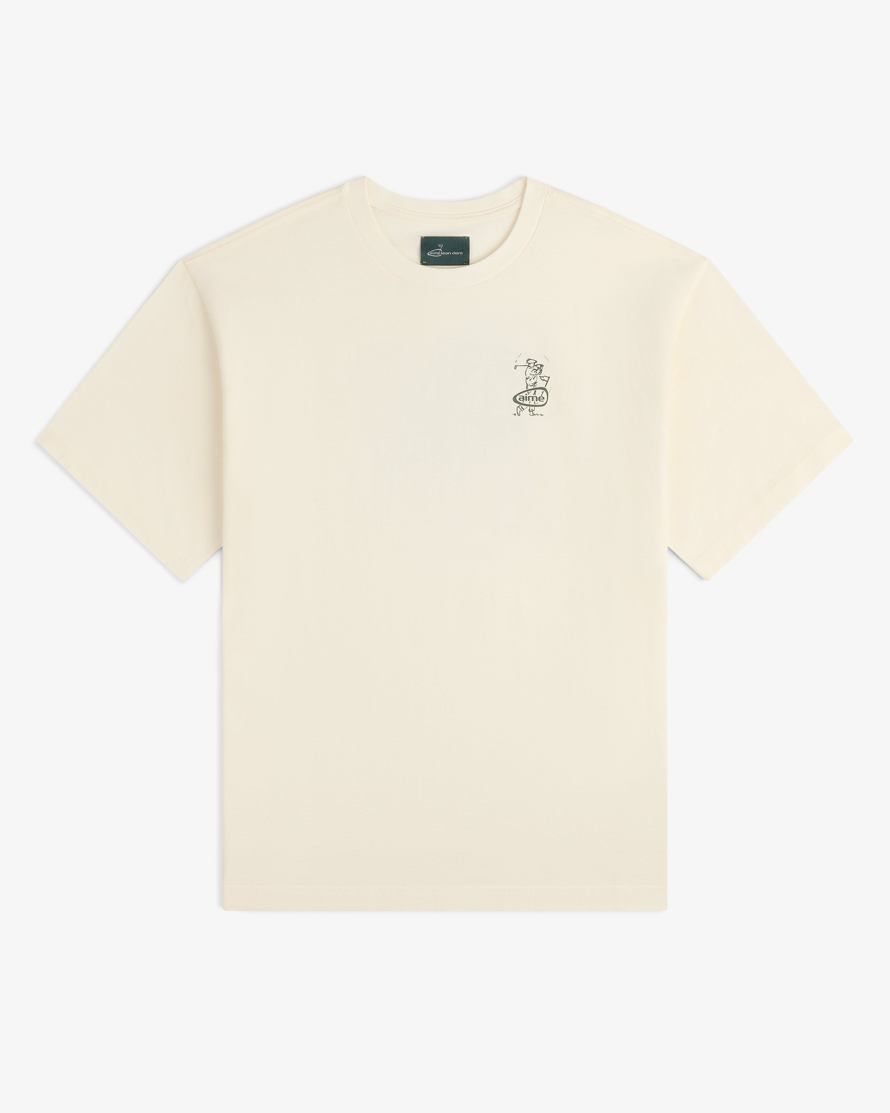 ALD Golf Swing Tee: Off-white short-sleeve t-shirt with small black graphic and text on left chest.