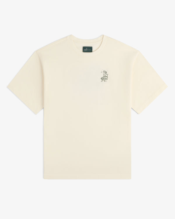 ALD Golf Swing Tee: Off-white short-sleeve t-shirt with small black graphic and text on left chest.