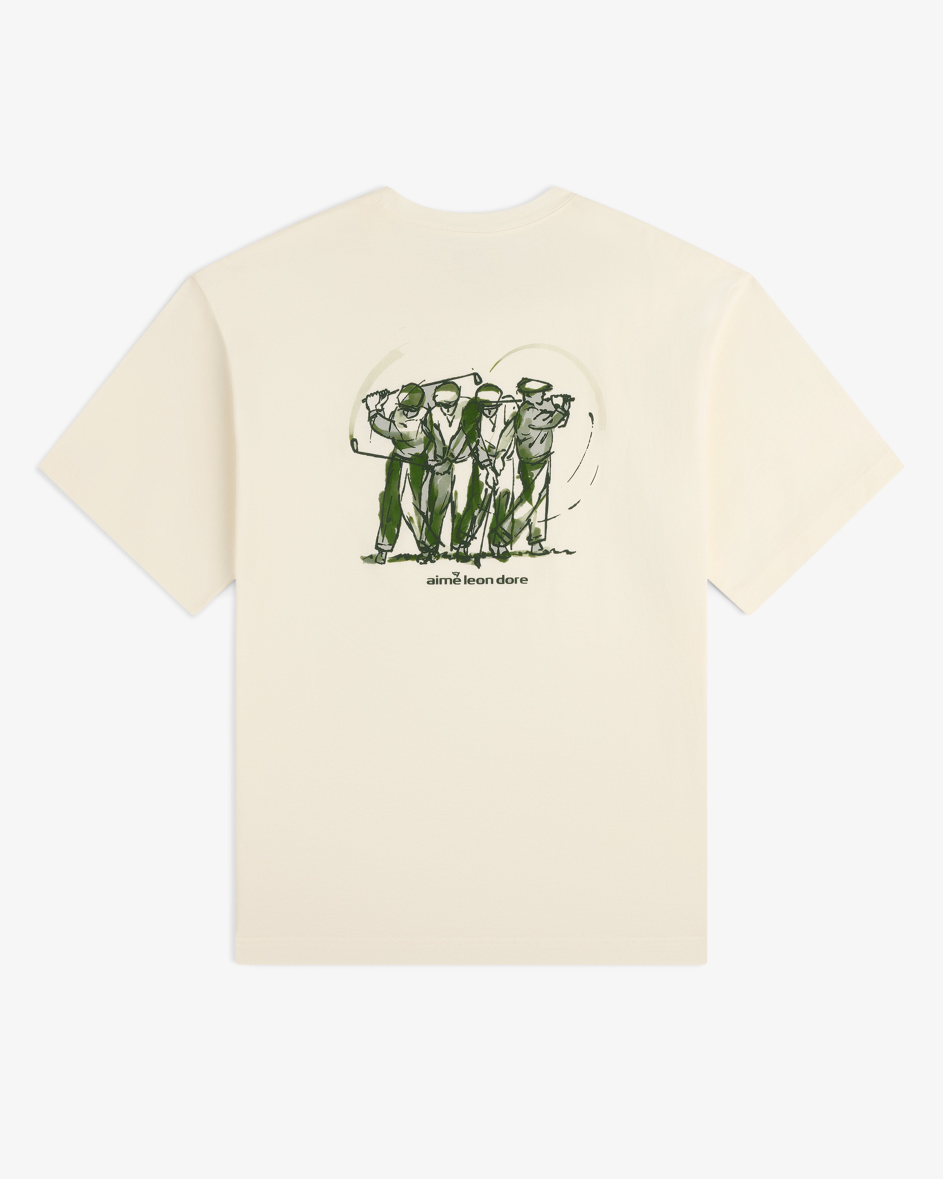 Beige ALD Golf Swing Tee featuring a green line drawing of four golfers and Aimé Leon Dore text on the back.