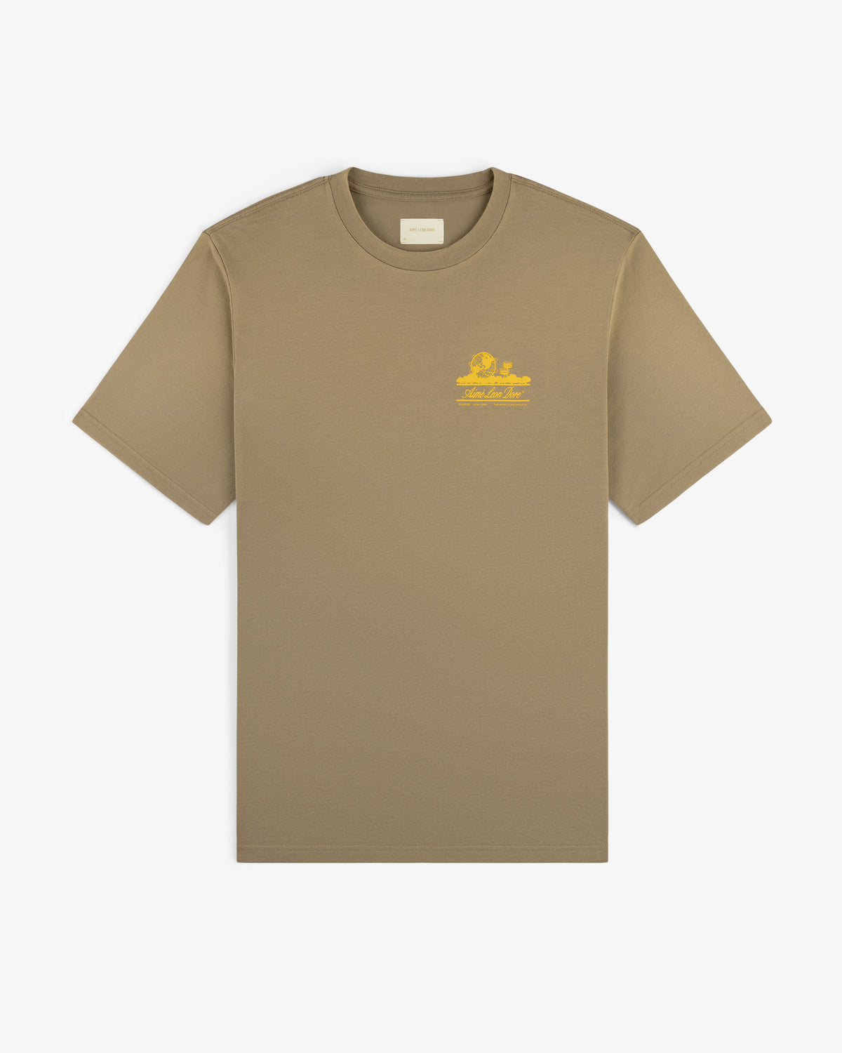Sun Faded Unisphere Tee: khaki short-sleeve with small yellow graphic and text on left chest, shown on white background.