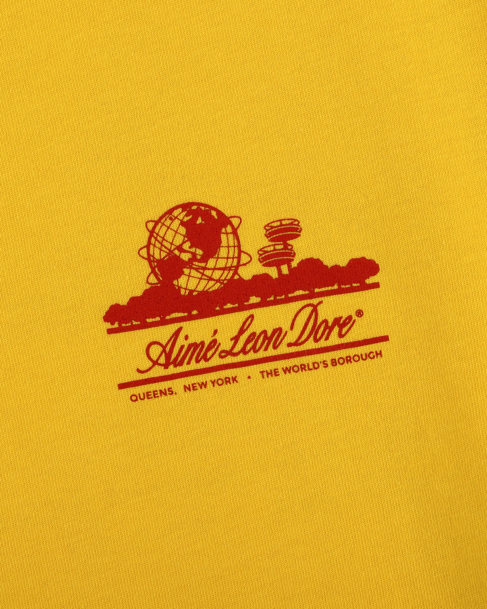 Sun Faded Unisphere Tee featuring a red Aimé Leon Dore logo with globe and "Queens, New York - The Worlds Borough" text.