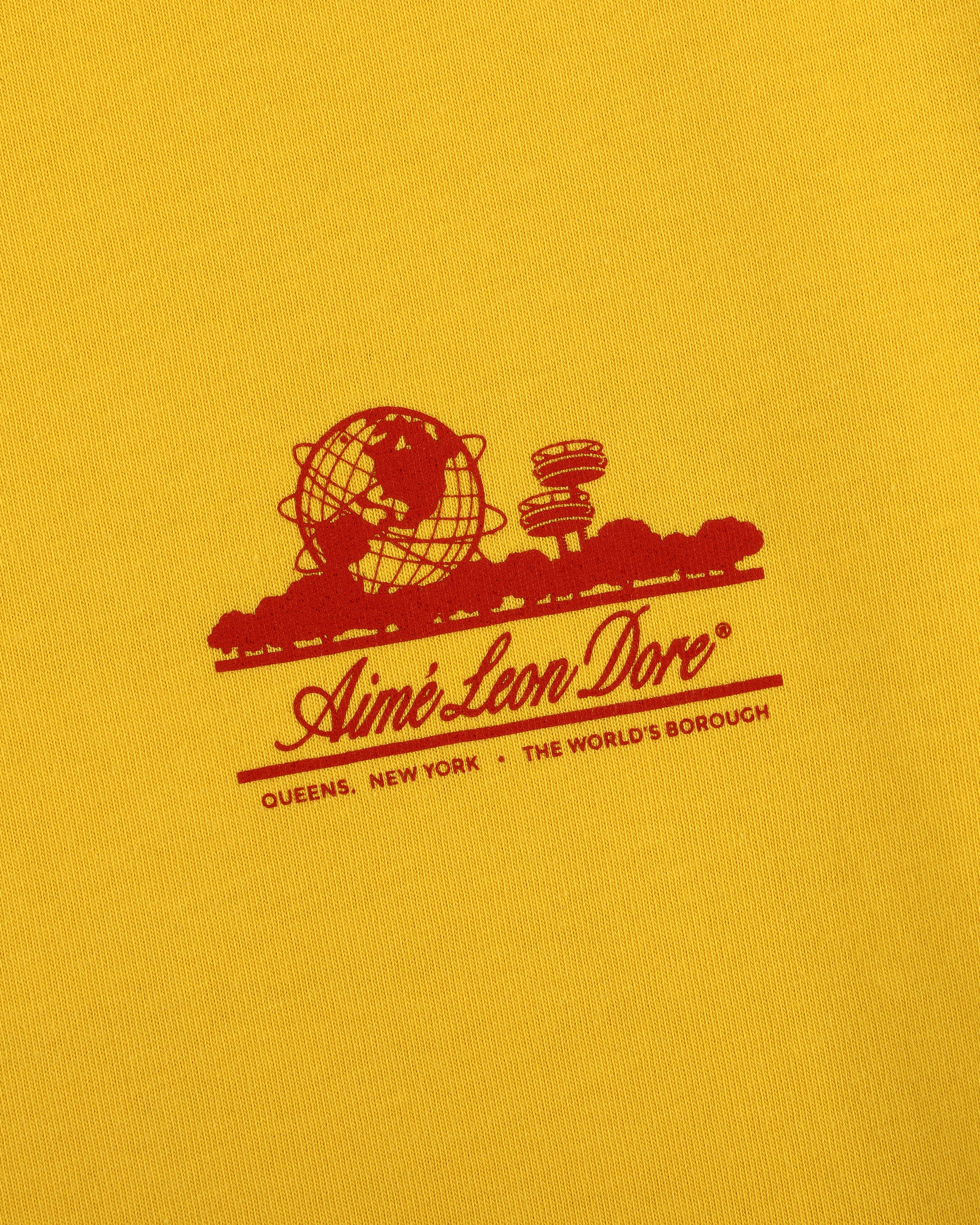 Sun Faded Unisphere Tee featuring a red Aimé Leon Dore logo with globe and "Queens, New York - The Worlds Borough" text.