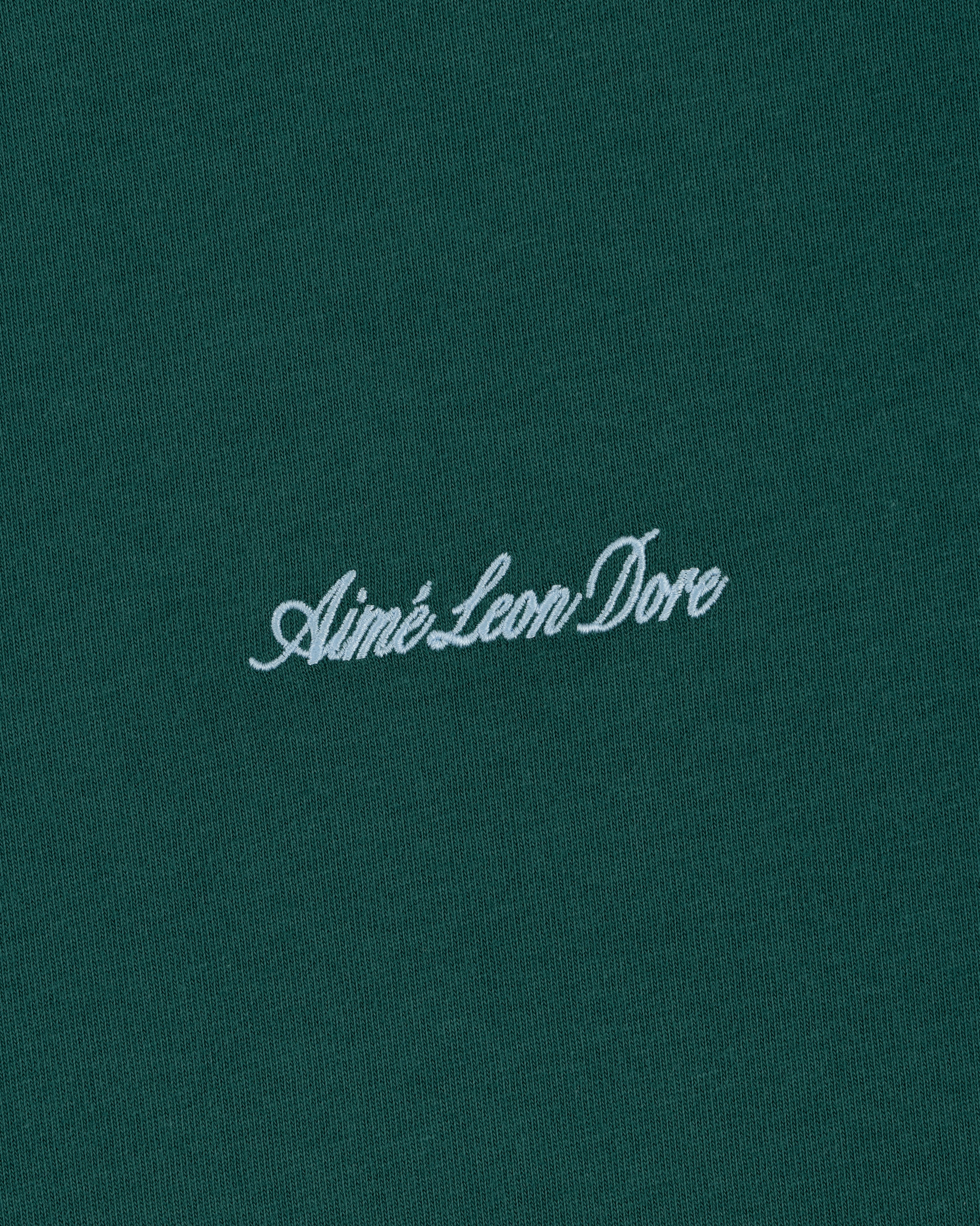 Green Embroidered Logo Tee featuring Aimé Leon Dore in white cursive at the center.