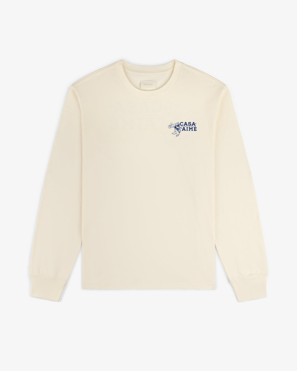 Cream-colored Long-Sleeve Casa Tee with small blue text and graphic on the upper left chest.