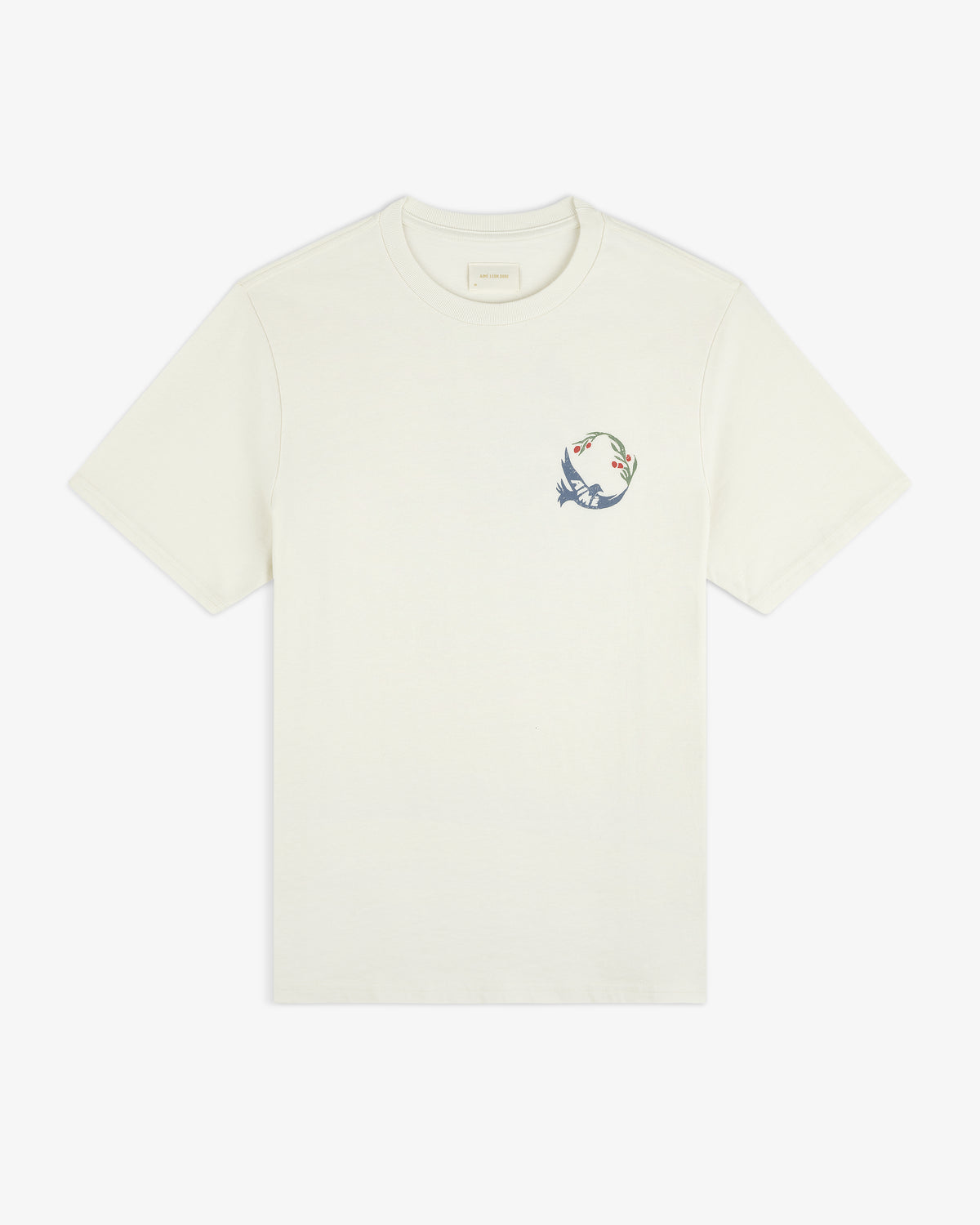 Woodblock Dove Tee: Off-white short-sleeve tee with a small bird and branch graphic on the left chest.