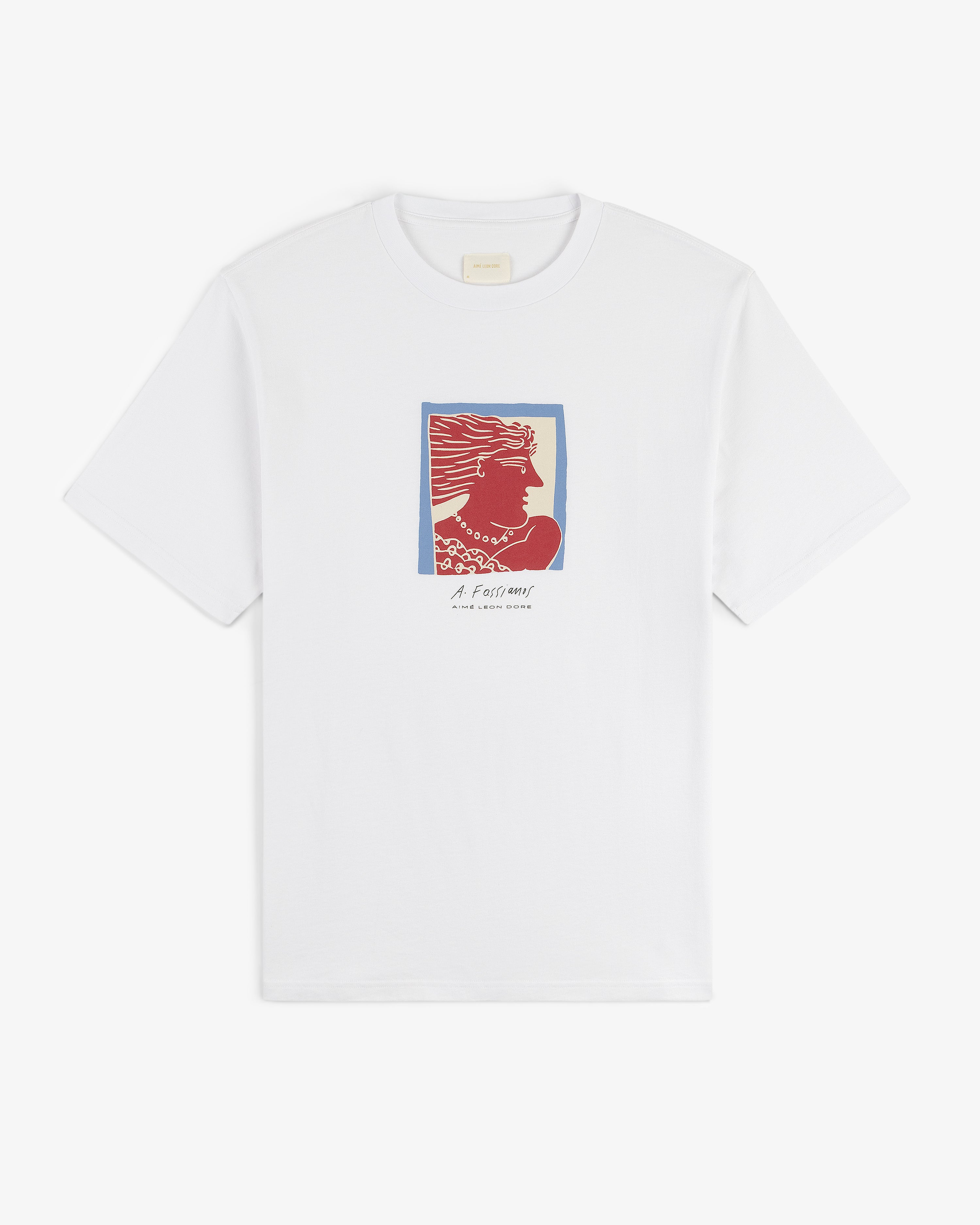 Fassianos Portrait Tee: White t-shirt with red & blue woman's profile and "A l’air mer" text on front.