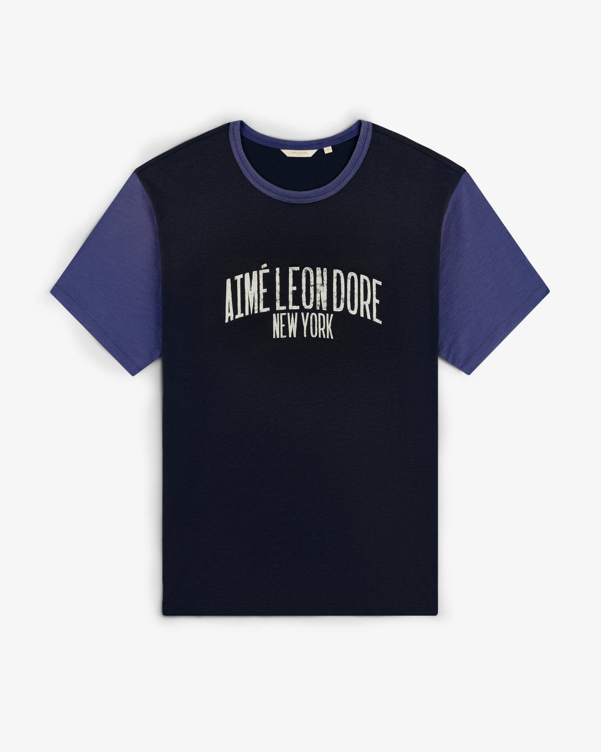 Washed Ringer Tee with dark body, blue sleeves, and AIMÉ LEON DORE NEW YORK text on the front.