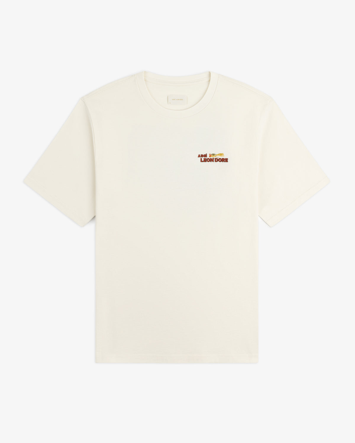 Off-white Catch & Release Tee with small red and gold Aimé Leon Dore logo on the left chest.