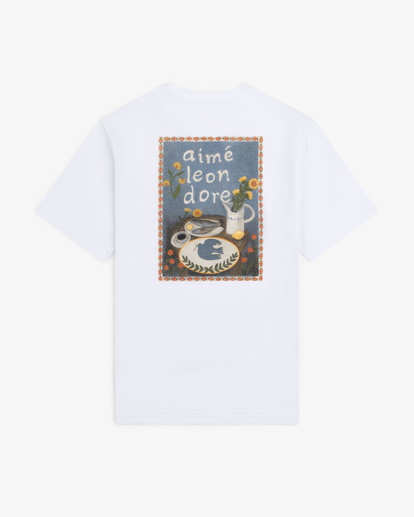The Breakfast Tee is a white t-shirt with a colorful graphic and Aimé Leon Dore text on the back.