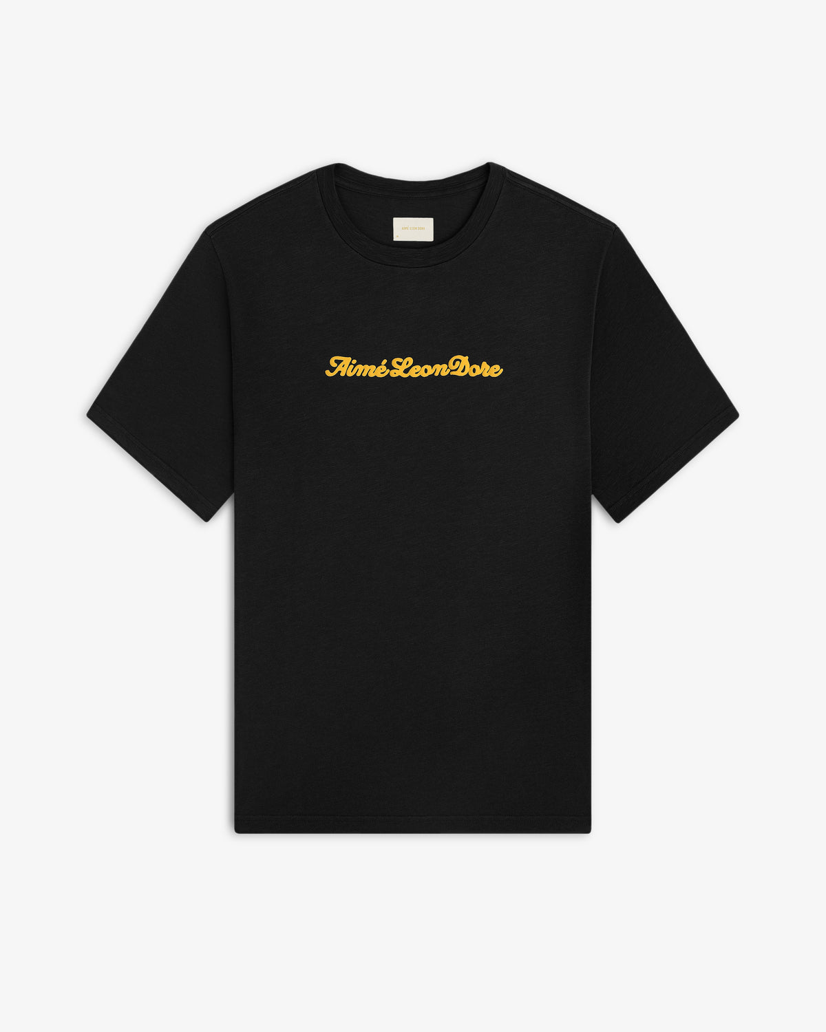 Black Puff Print Slub Logo Tee with Aimé Leon Dore in yellow cursive text across the chest.