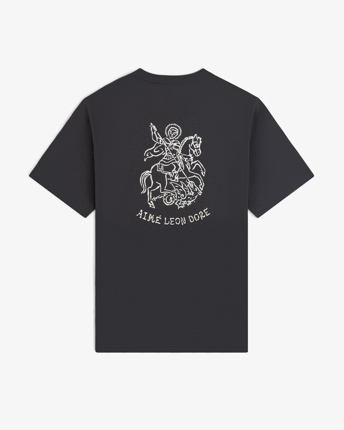 Saint George Graphic Tee: Black tee with a white knight on horse graphic; AIME LEON DORE text on the back.