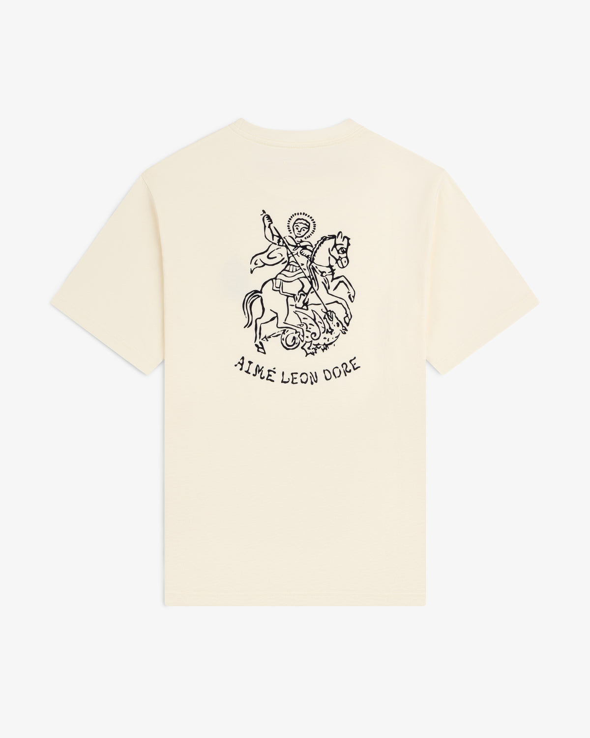 Saint George Graphic Tee: Cream t-shirt with a black line drawing of a knight and AIME LEON DORE text on the back.