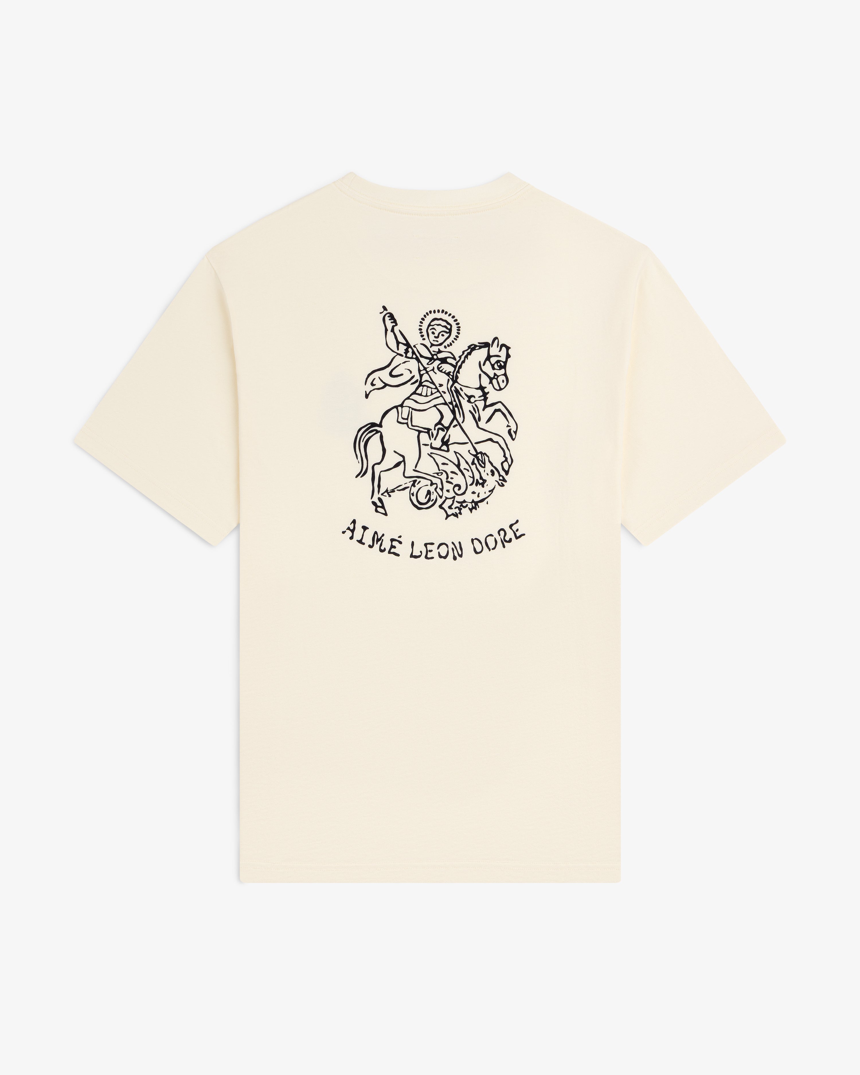 Saint George Graphic Tee: Cream t-shirt with a black line drawing of a knight and AIME LEON DORE text on the back.