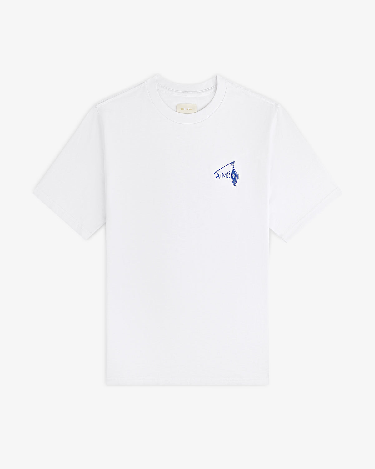 Fisherman Tee: white short-sleeve shirt with small blue graphic and AIME text on upper left chest.