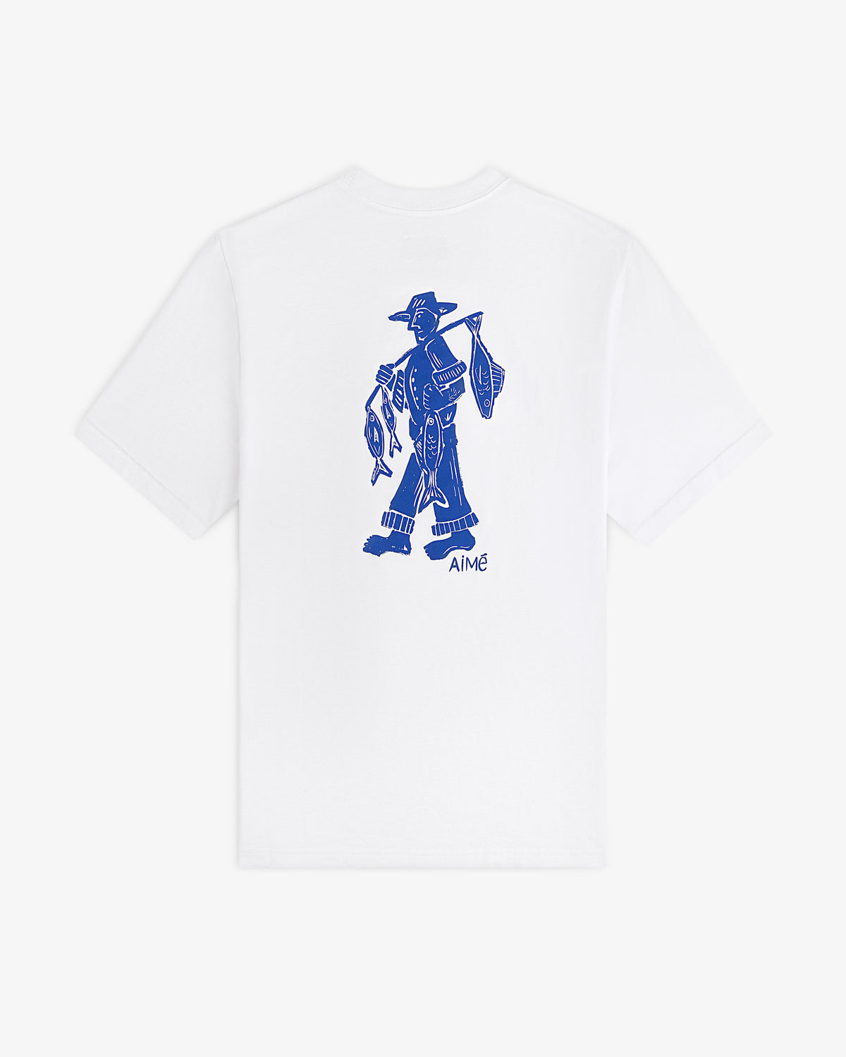 White Fisherman Tee with blue graphic of a cowboy carrying fish and gear, AIME text below the image.