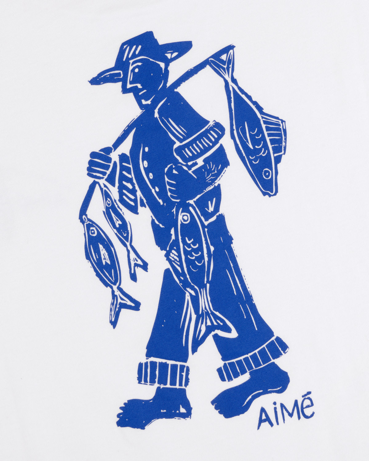 Blue illustration of a fisherman carrying fish on a pole, with Fisherman Tee written at the bottom right.