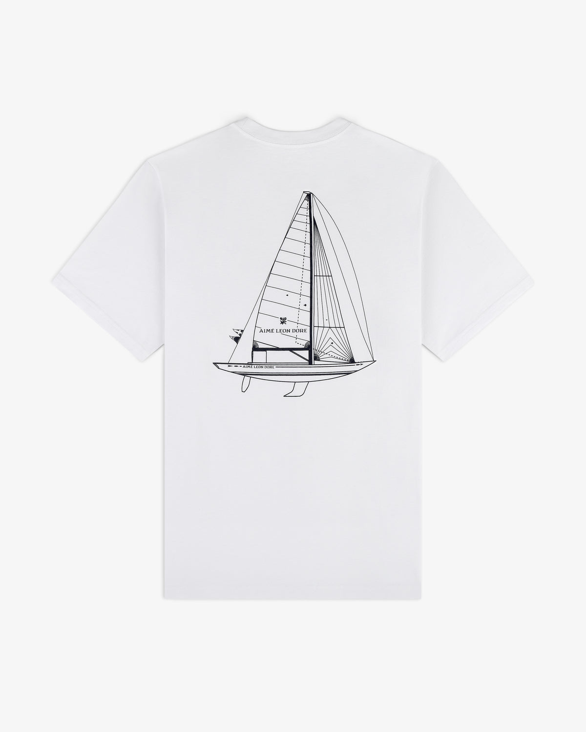 Marina Tee: White T-shirt with a black sailboat line drawing and Polo text by Ralph Lauren on the back.