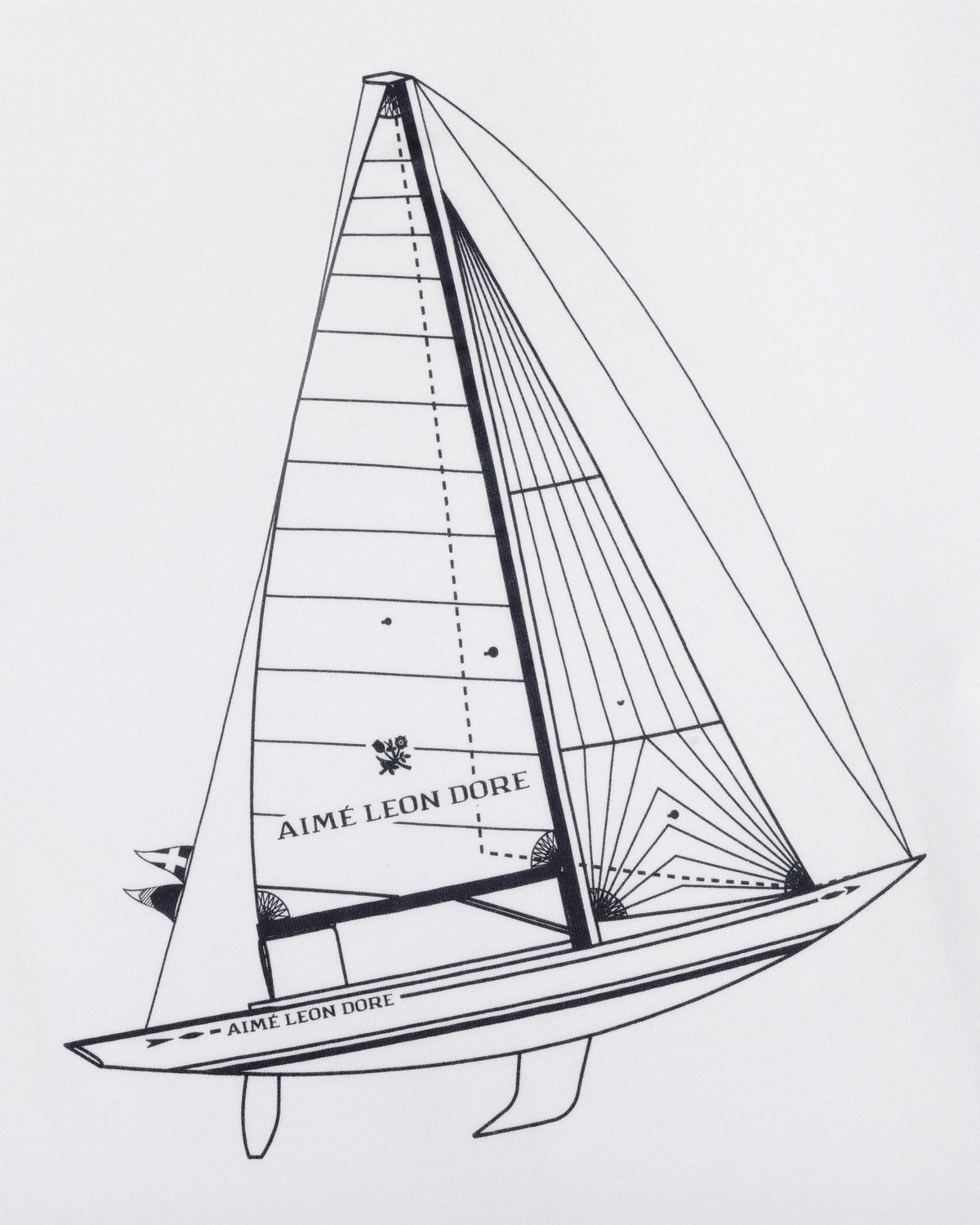 Line drawing of a sailboat with Marina Tee printed on the sail and hull, set against a plain white background.