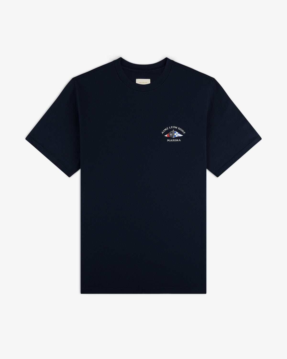 Marina Tee: Navy blue short-sleeve t-shirt with a small white logo and text on the left chest.