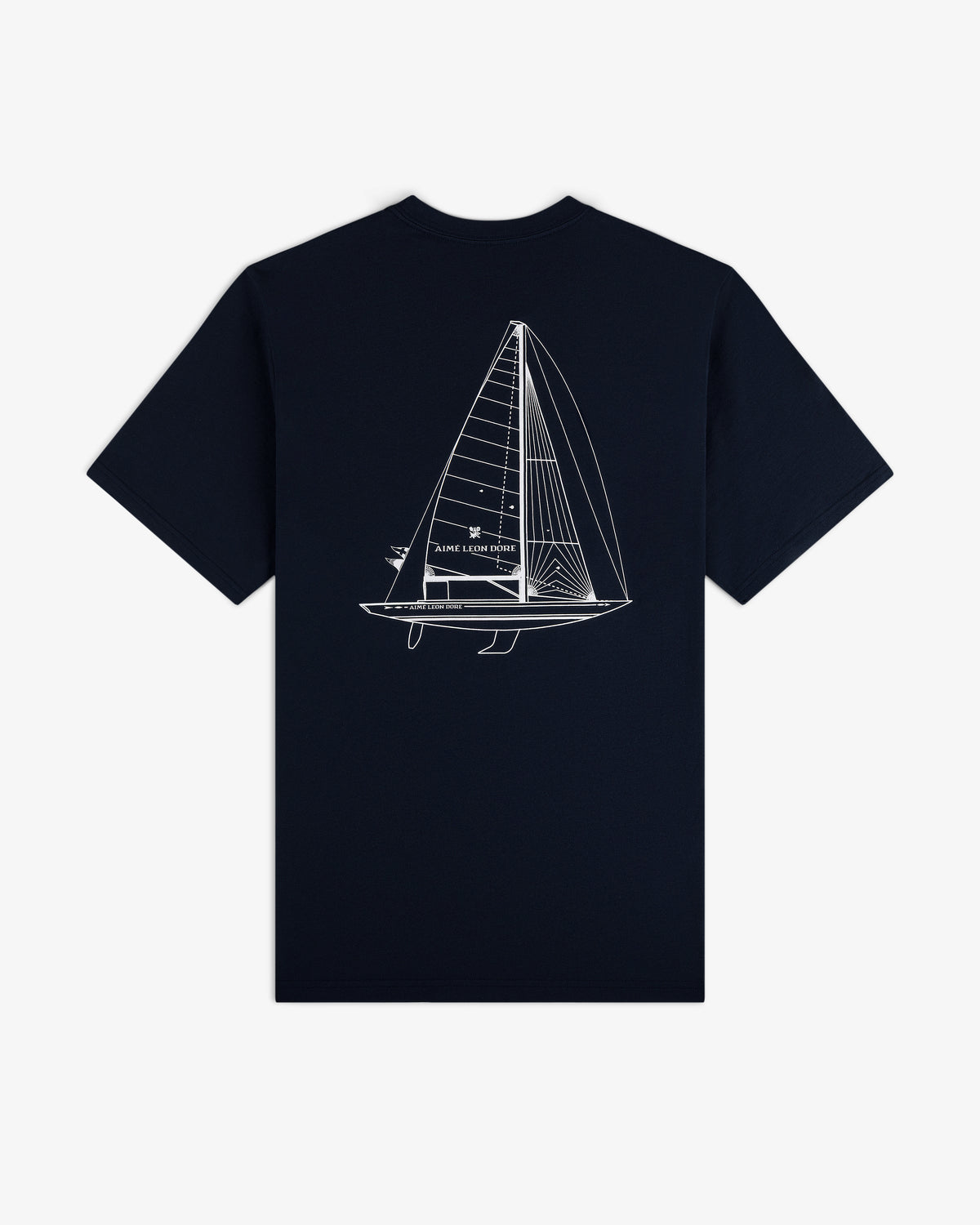 Marina Tee: Navy shirt with a white sailboat line drawing and Saint Louis Marine on the back.