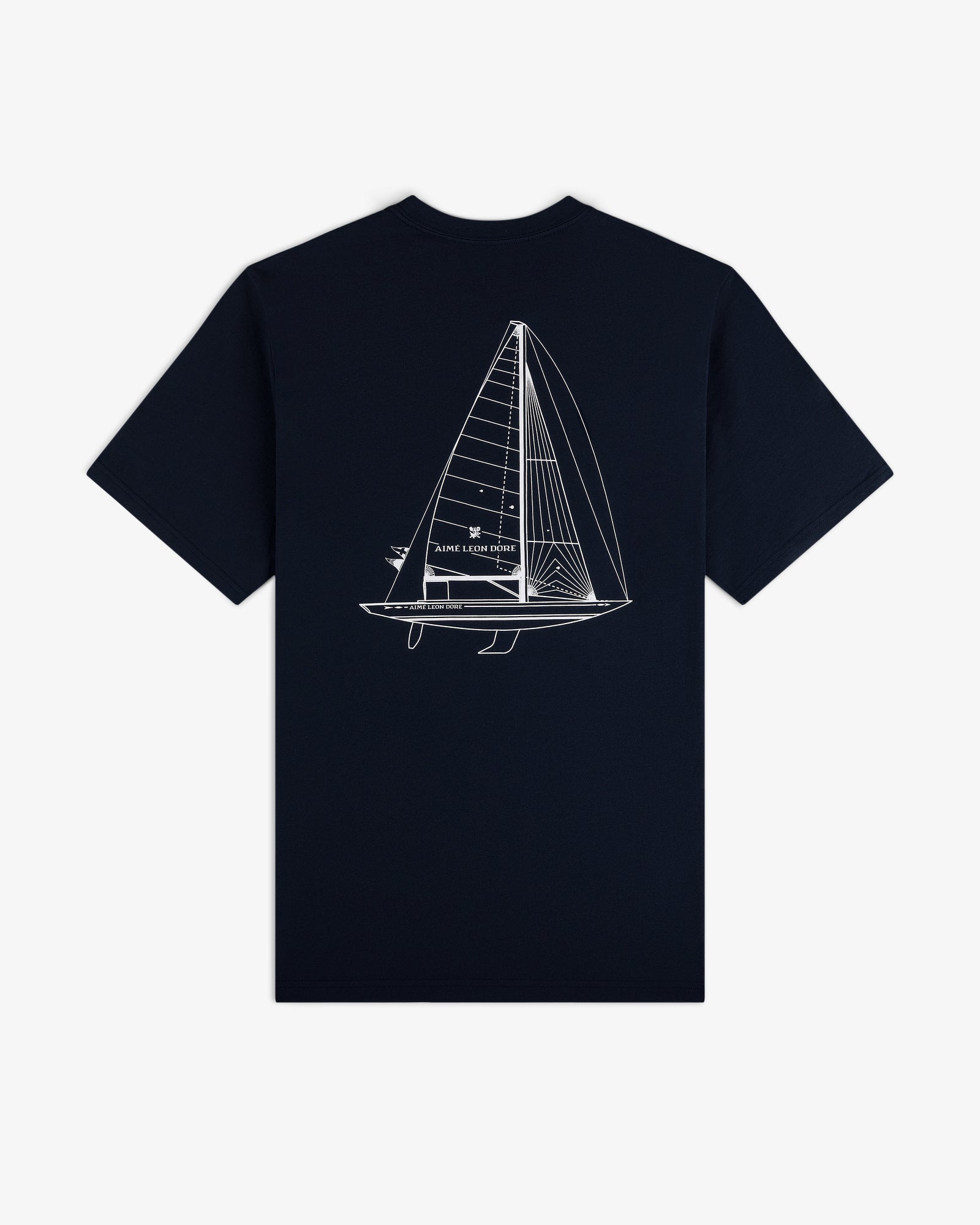 Marina Tee: Navy shirt with a white sailboat line drawing and Saint Louis Marine on the back.