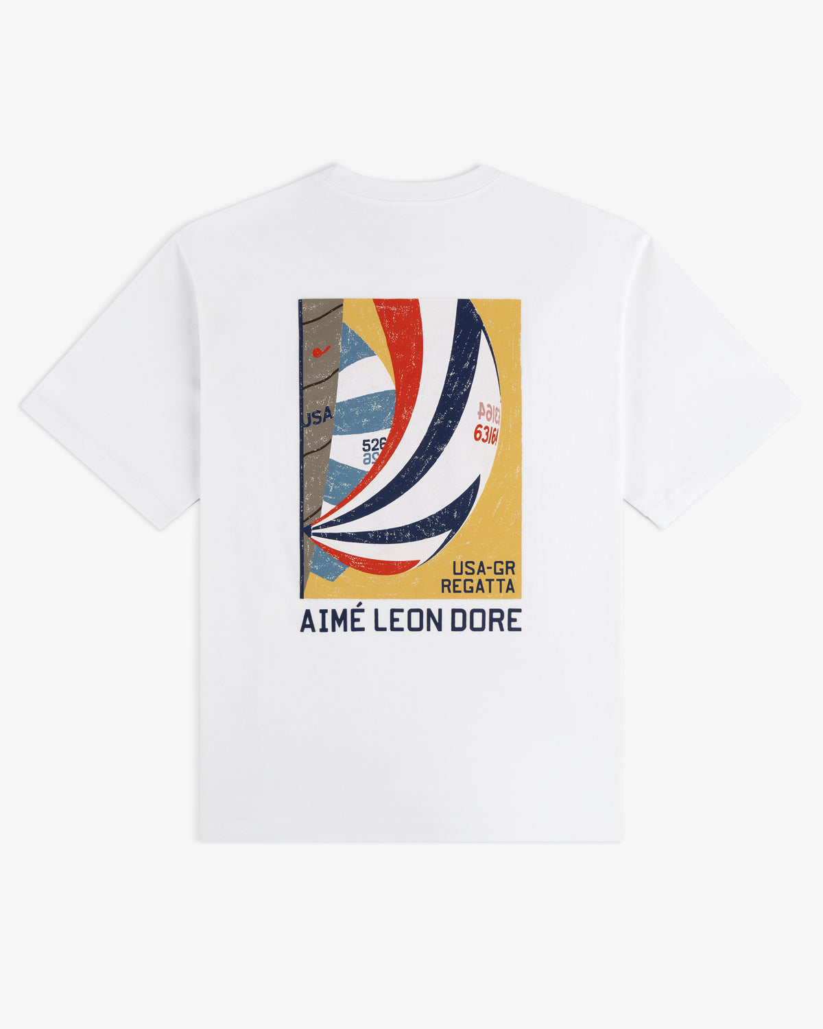 Regatta Tee: White T-shirt with a colorful abstract regatta graphic and AIMÉ LEON DORE text on the back.