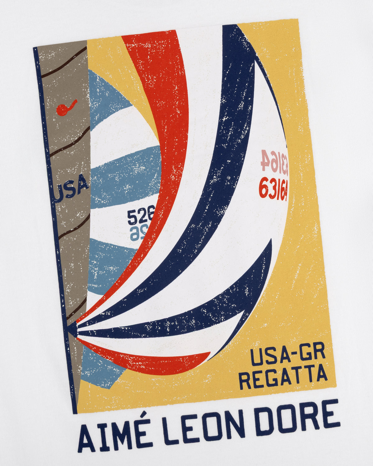 Regatta Tee features an abstract sailboat, bold colors, regatta text, and AIMÉ LEON DORE label on a white background.
