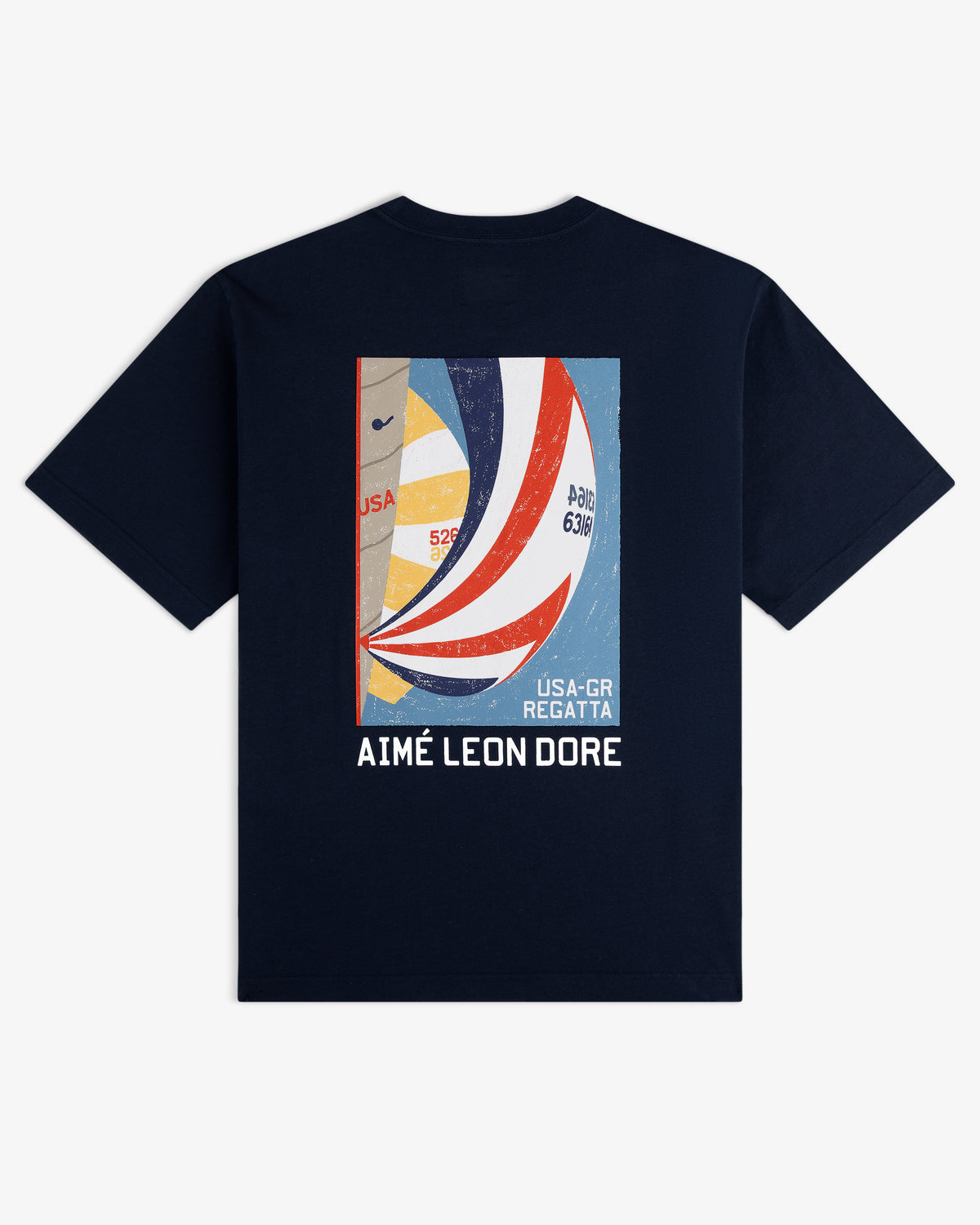 Regatta Tee: Navy t-shirt featuring a colorful sailboat regatta graphic and AIMÉ LEON DORE text on the back.