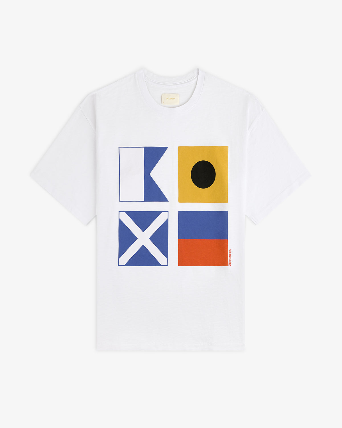 Maritime Tee: White shirt featuring four colorful nautical signal flags in a square on the front.