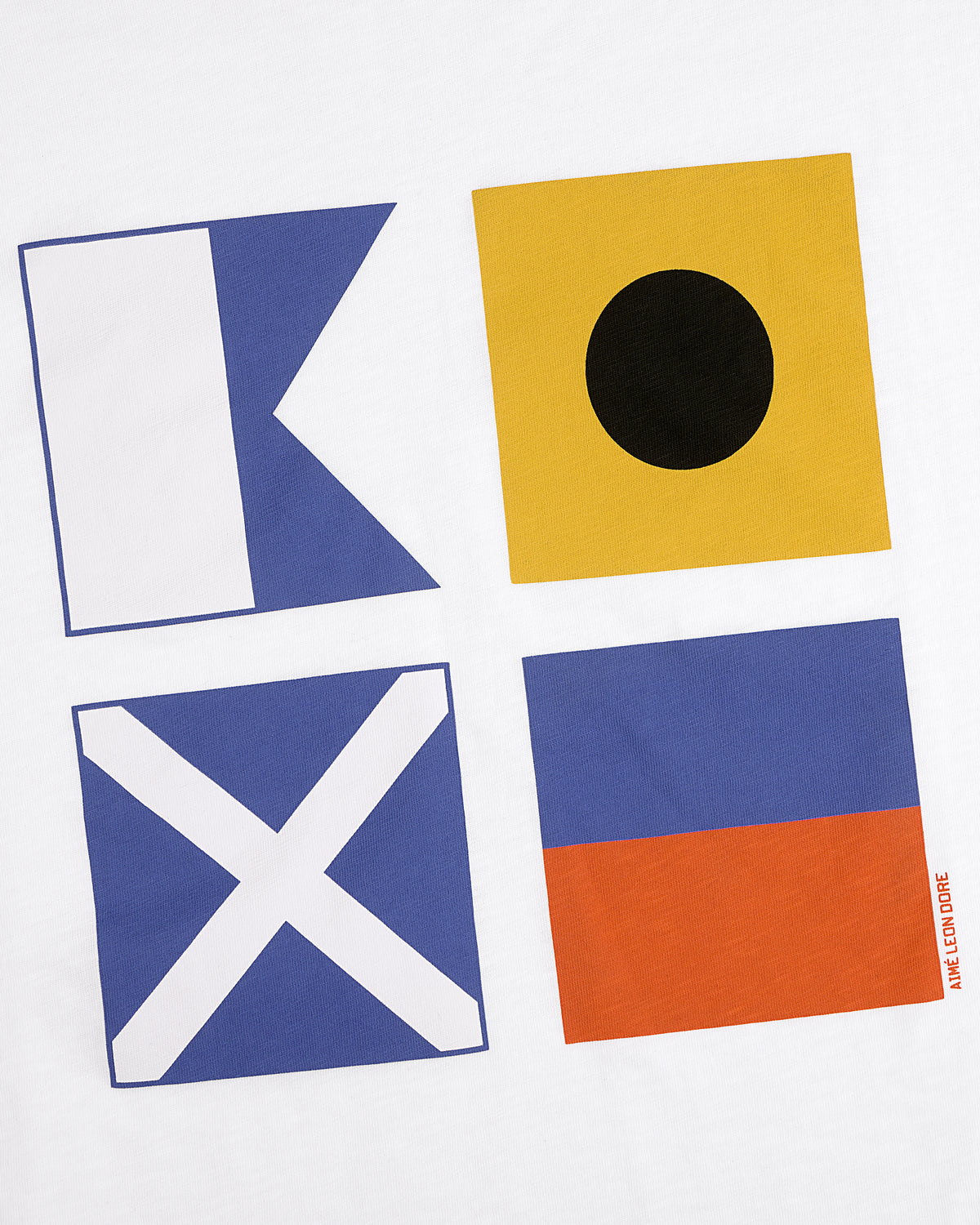 The Maritime Tee features four maritime signal flags on a white background with distinct colors and patterns.