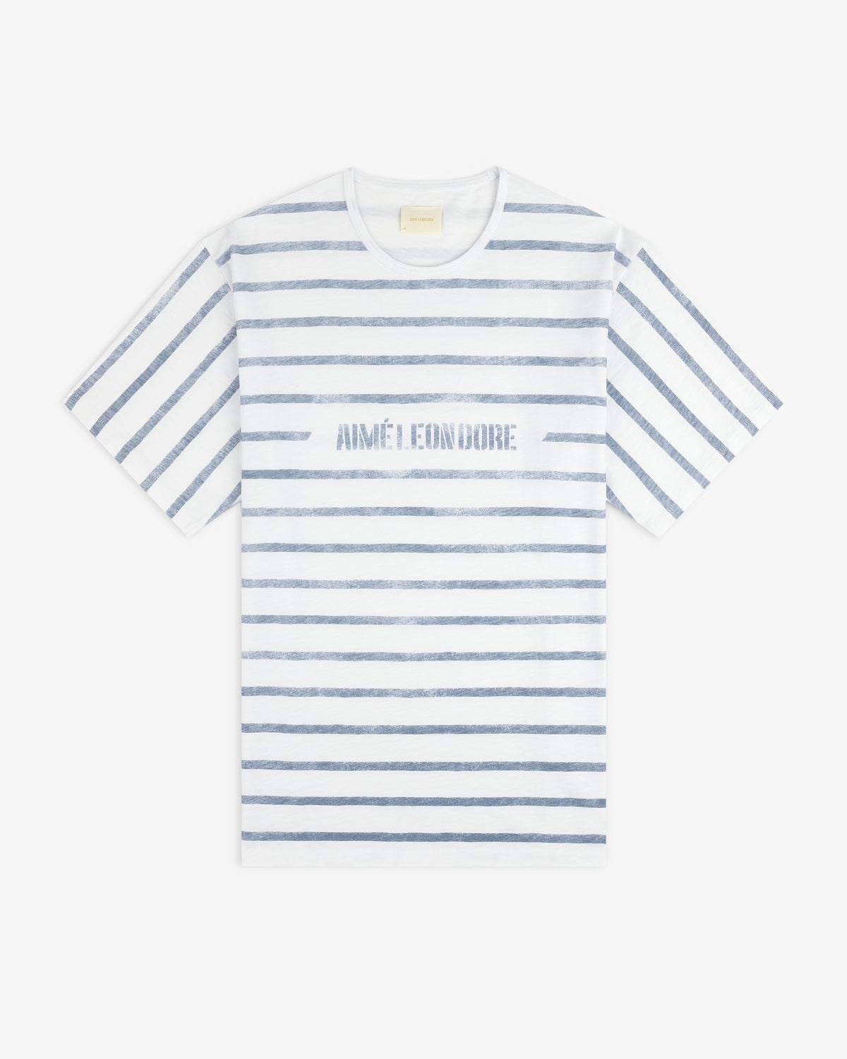Slub Beach Tee: White with horizontal blue stripes and AIMÉ LEON DORE printed in blue across the chest.