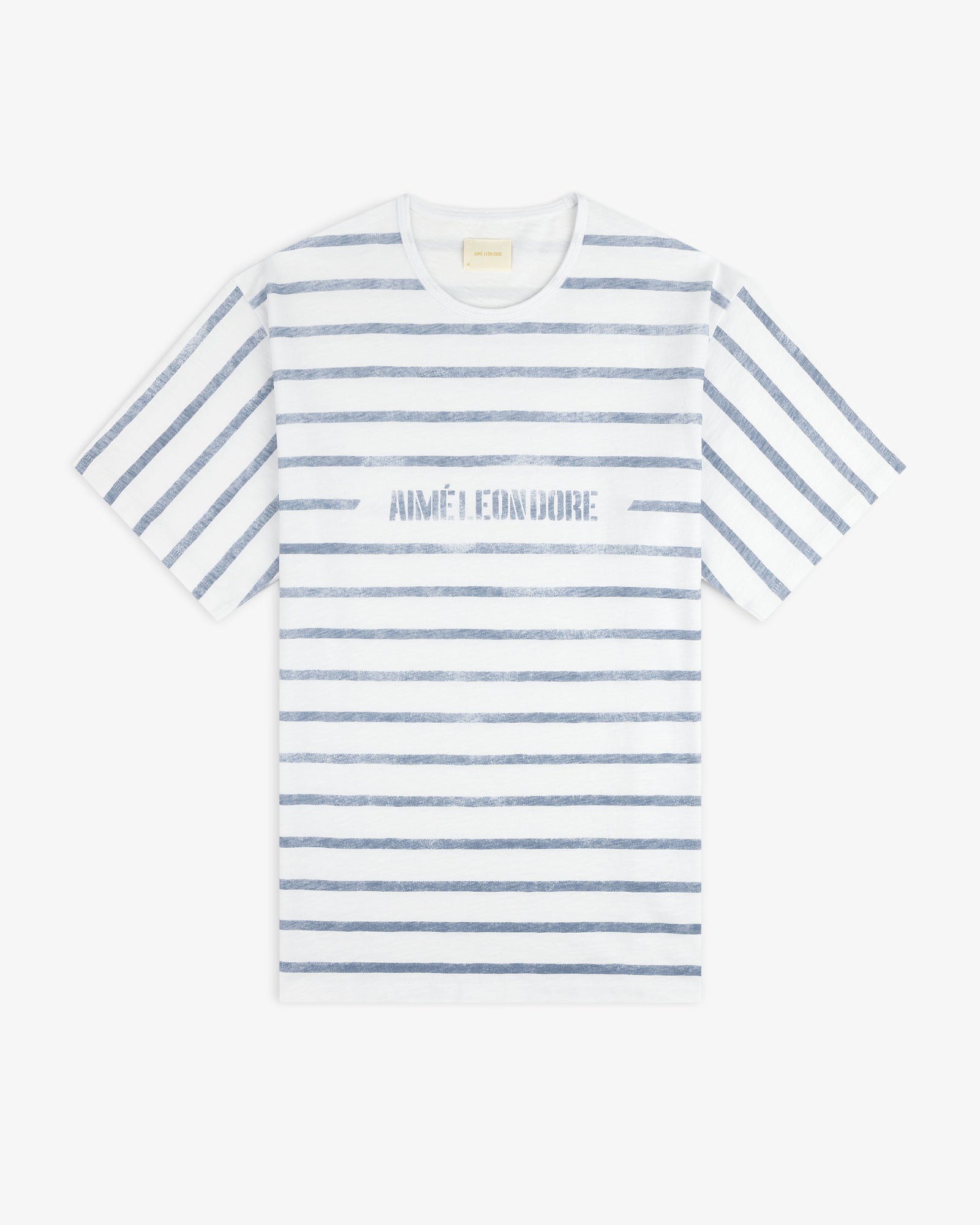 Slub Beach Tee: White with horizontal blue stripes and AIMÉ LEON DORE printed in blue across the chest.