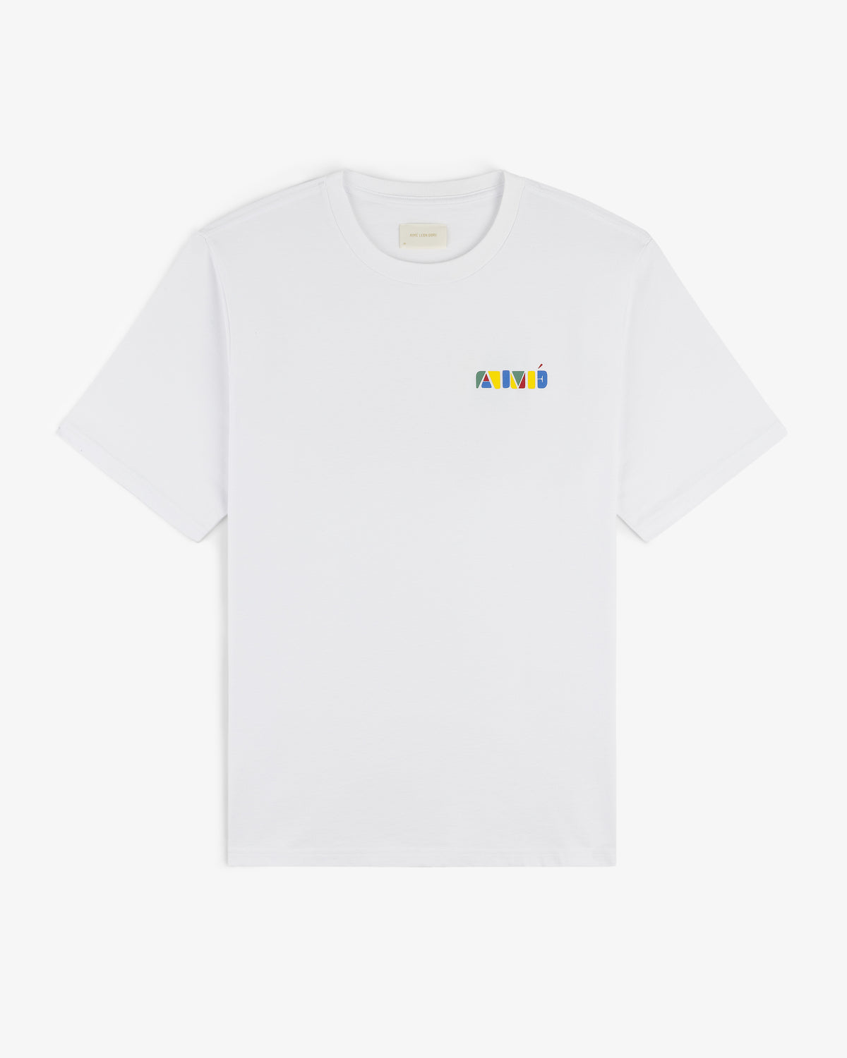 Stacked Logo Tee: White T-shirt featuring a small, colorful geometric logo on the left chest.
