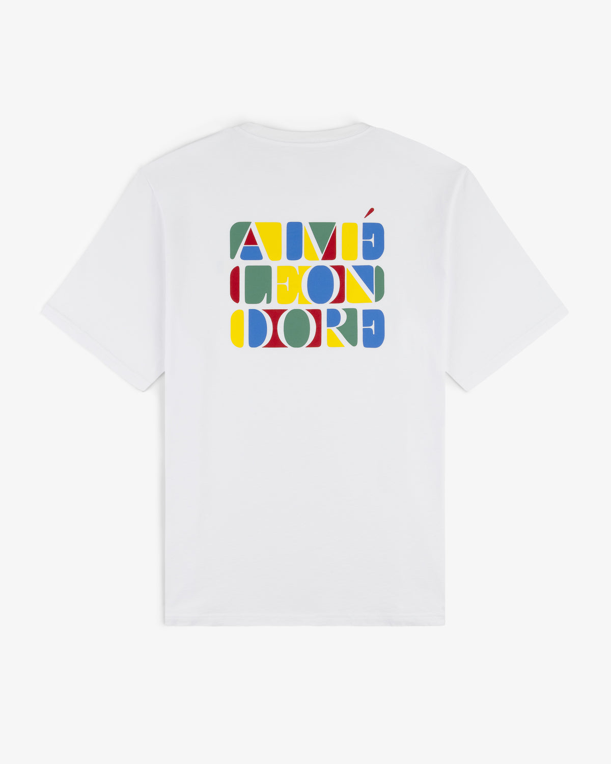 White Stacked Logo Tee with colorful geometric AIMÉ LEON DORE text on the back.