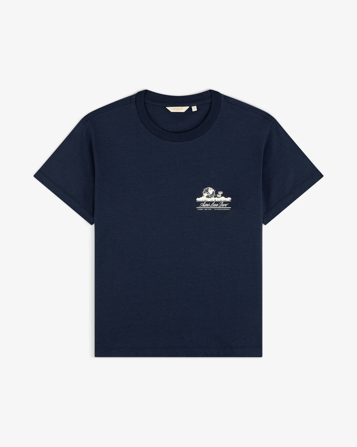Cropped Aloe-Blend Unisphere Tee in navy blue with a small white graphic and text on the left chest.