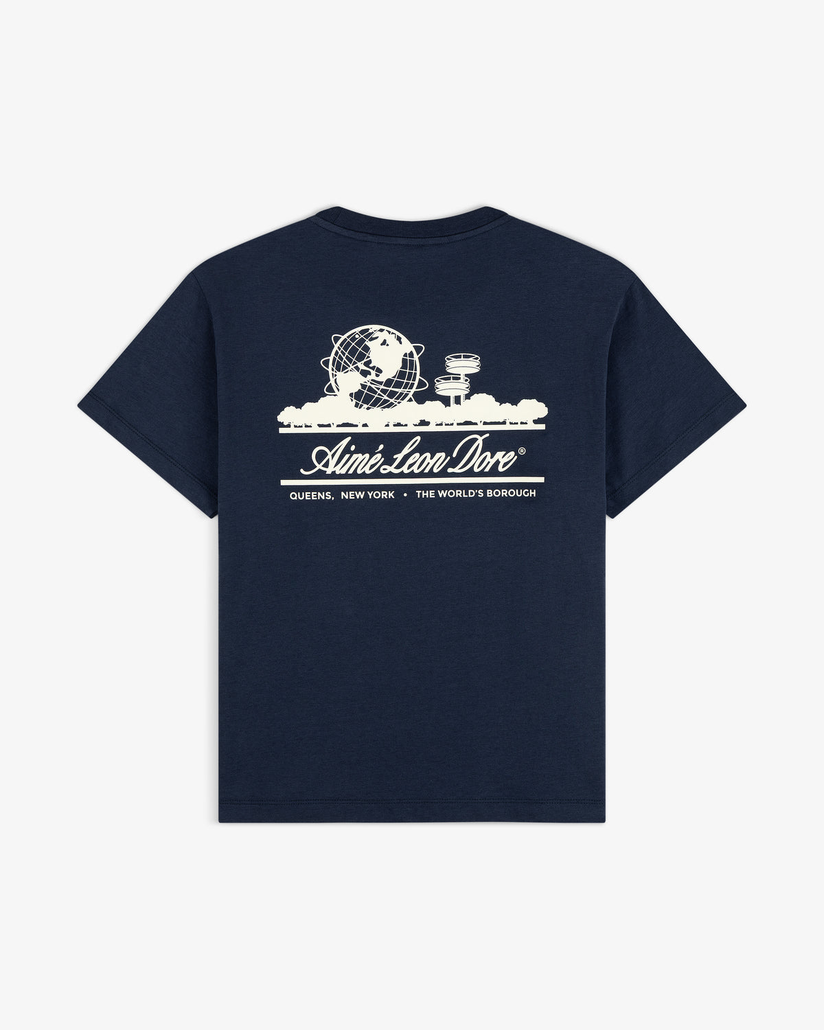 Cropped Aloe-Blend Unisphere Tee in navy with white graphic of the Unisphere, city buildings, and Aimé Leon Dore text on back.