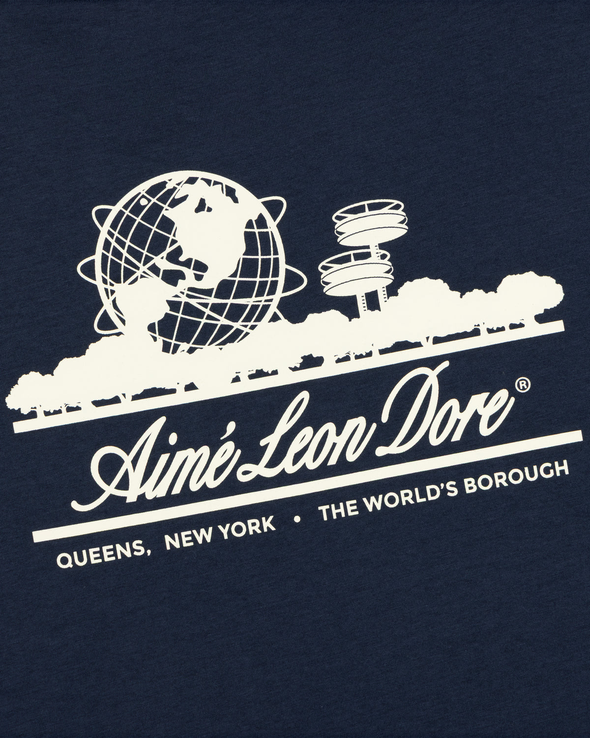 White graphic of globe, trees & towers with Aimé Leon Dore on Cropped Aloe-Blend Unisphere Tee.