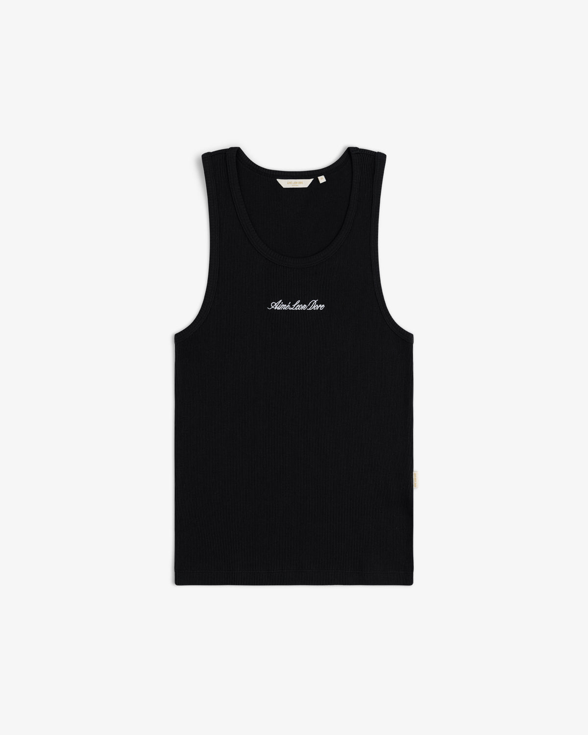 Embroidered Logo Tank Top: Black, sleeveless with small white chest text on a plain white background.
