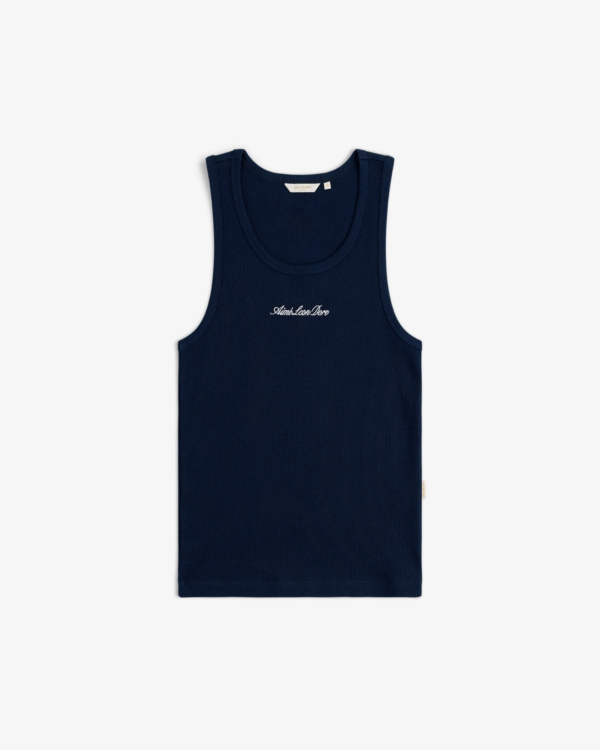 Embroidered Logo Tank Top in navy blue with white chest text, sleeveless, shown flat on a white background.