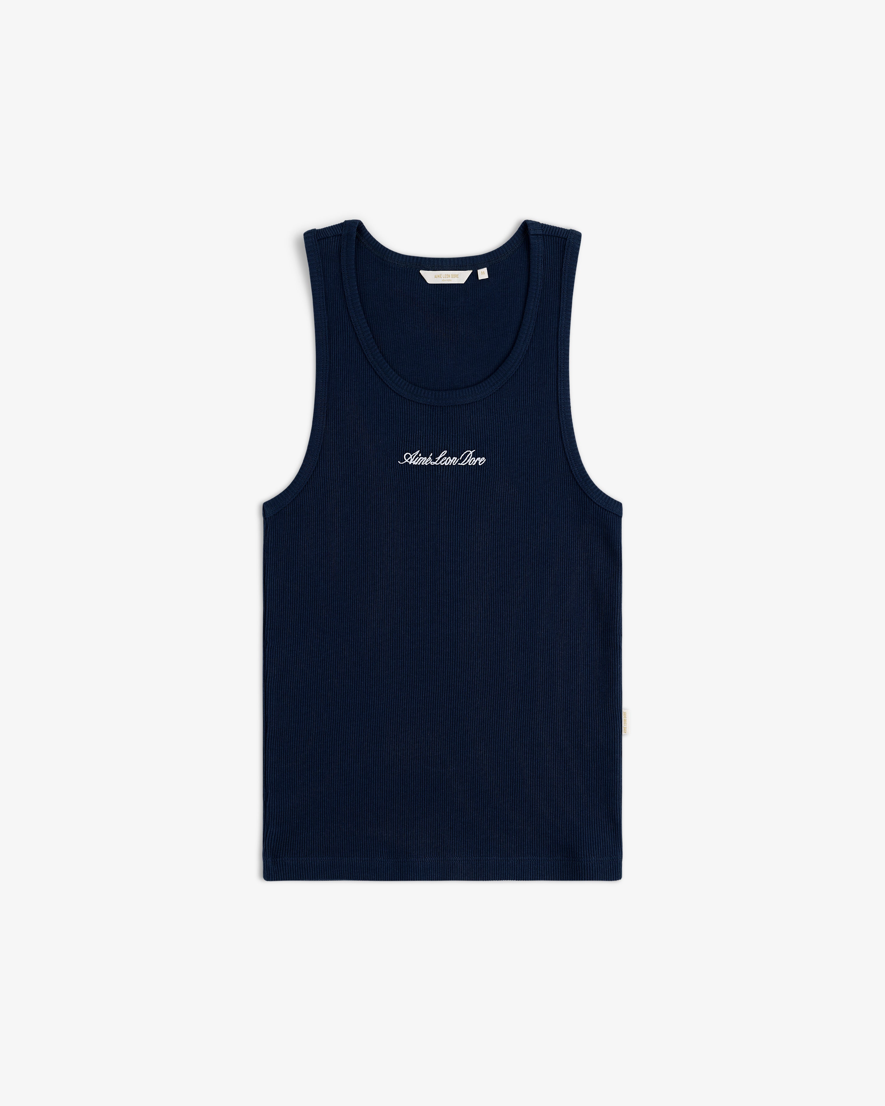 Embroidered Logo Tank Top in navy blue with white chest text, sleeveless, shown flat on a white background.
