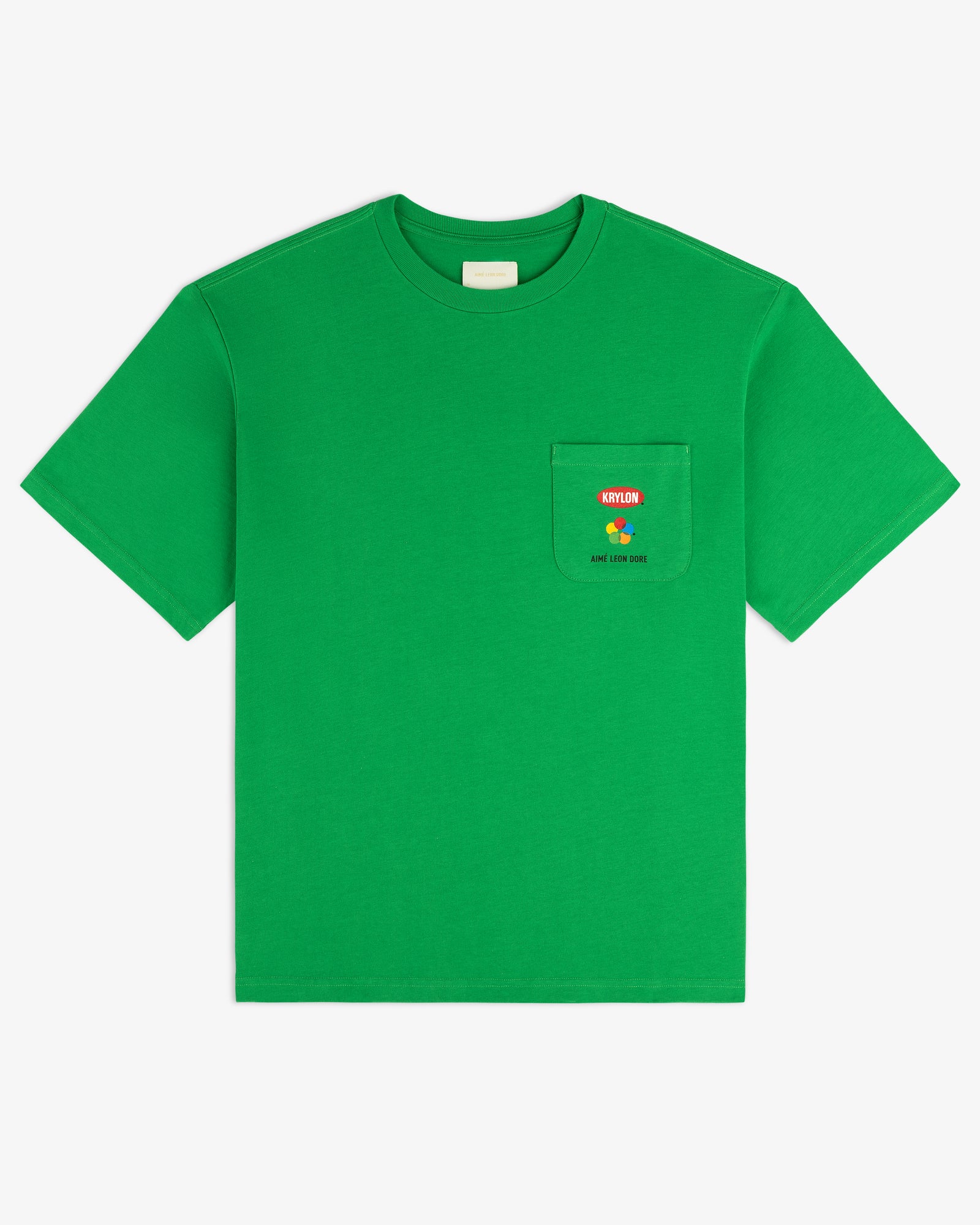 Krylon Pocket Tee in bright green with a chest pocket, MAYLEN text, and a yellow-red flower graphic.