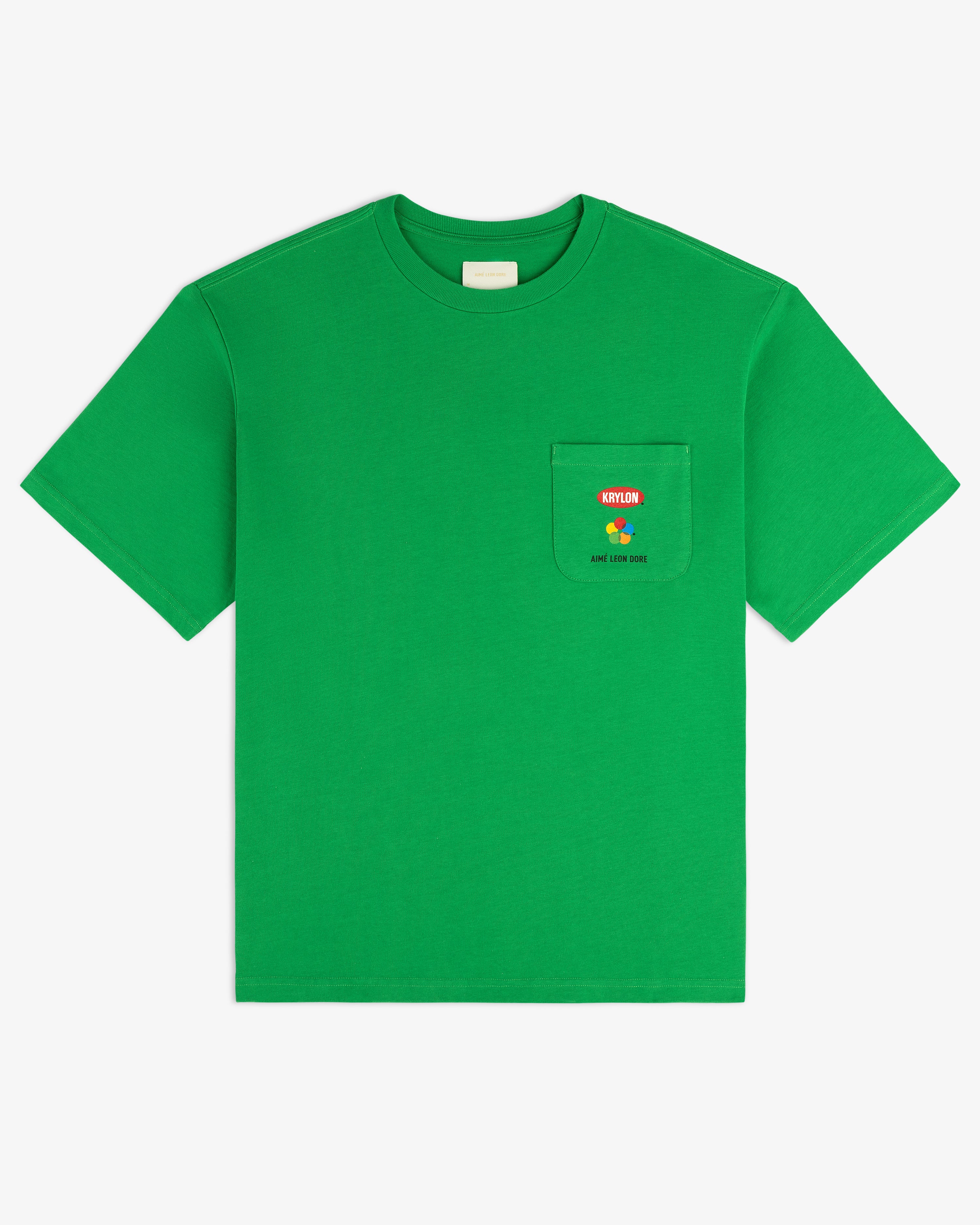Krylon Pocket Tee in bright green with a chest pocket, MAYLEN text, and a yellow-red flower graphic.