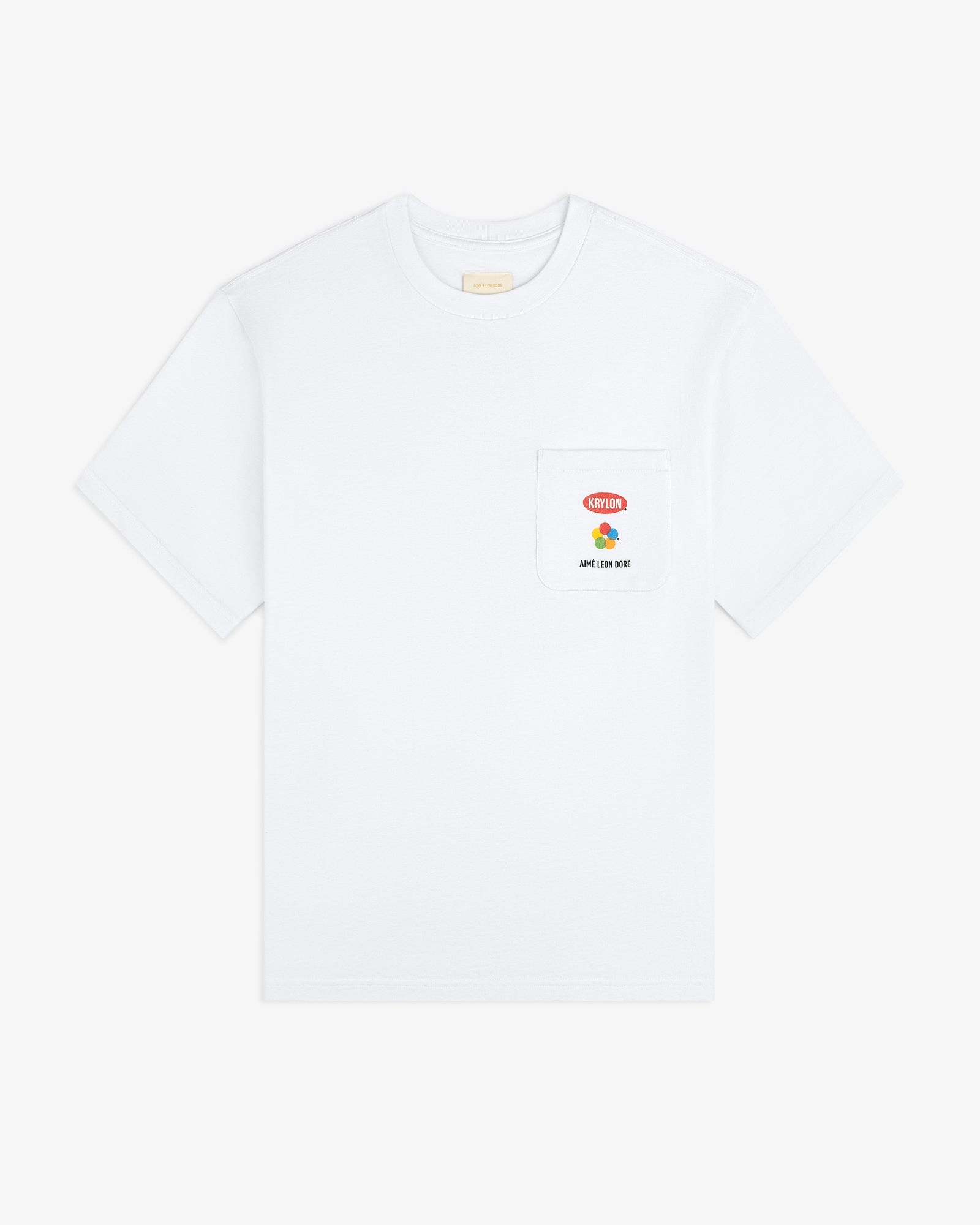 Krylon Pocket Tee: White short-sleeve shirt with a chest pocket, small red & yellow graphic, and text.