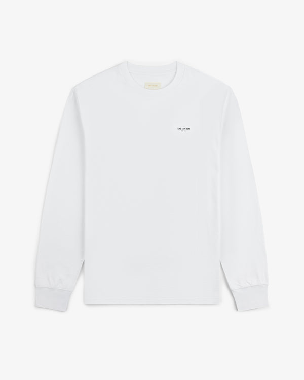 Long-Sleeve Micro Logo Tee in white with small black left-chest text, shown flat on a white background.