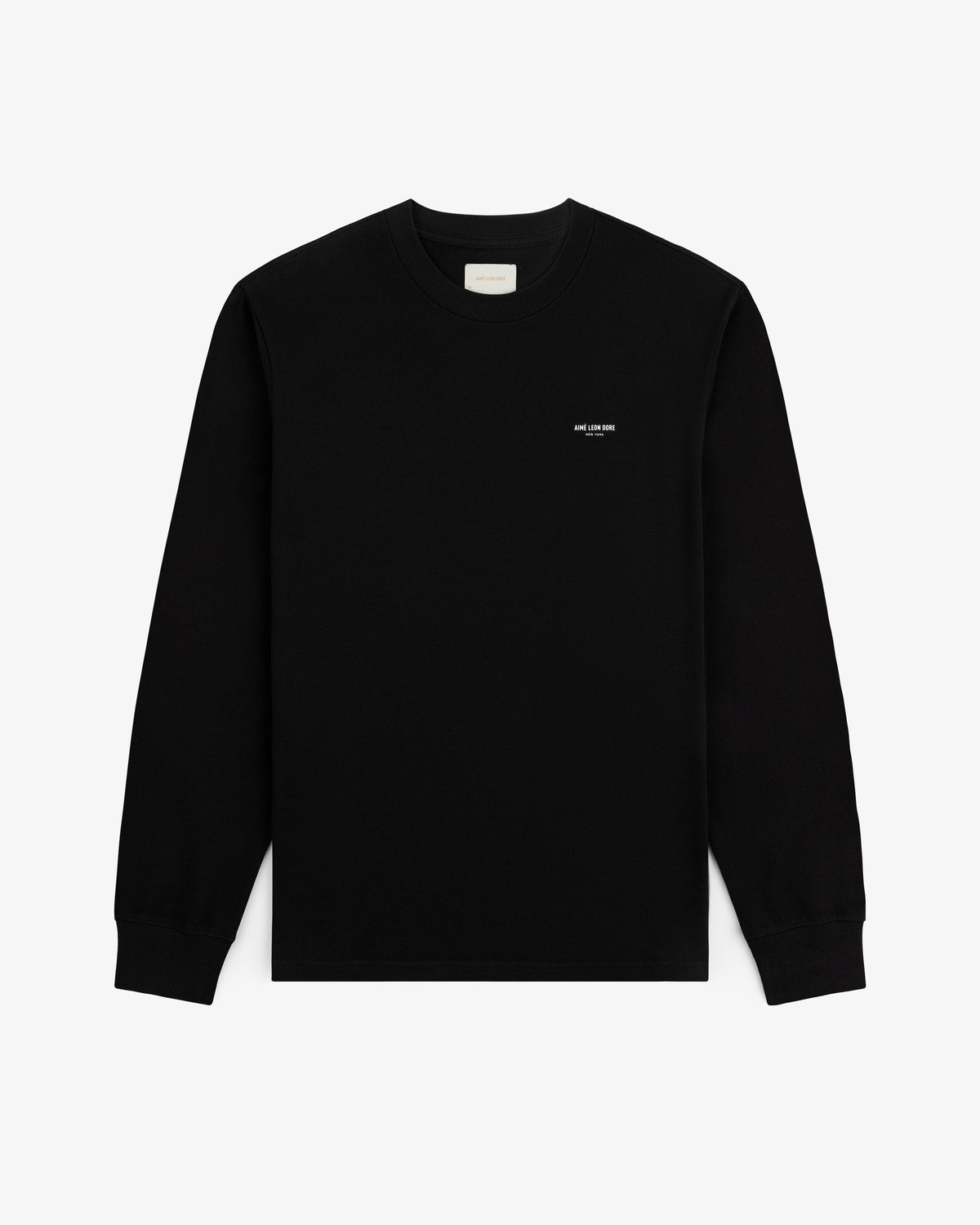 Long-Sleeve Micro Logo Tee in black, featuring a small white logo on the upper left chest, laid flat on white.