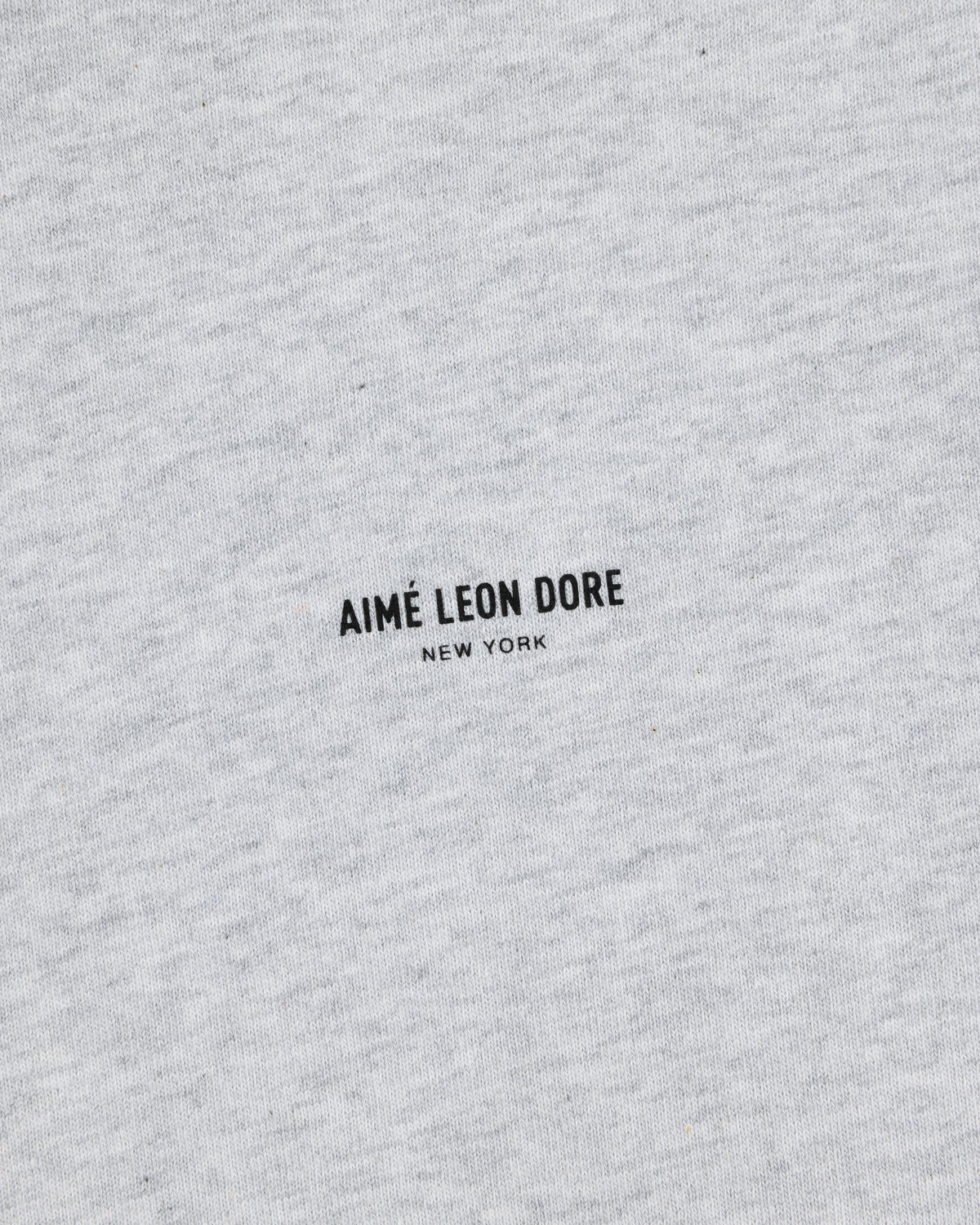 Close-up of the Long-Sleeve Micro Logo Tee in light gray with AIMÉ LEON DORE NEW YORK printed in small black letters.