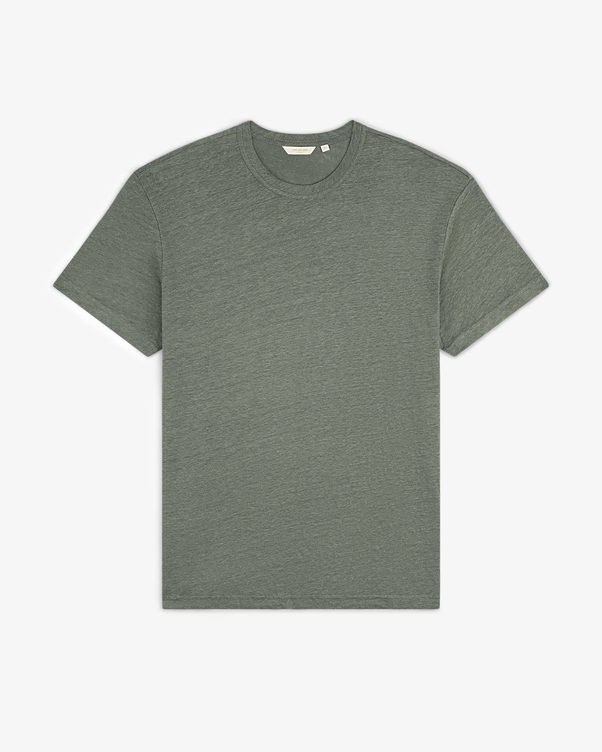 Flat lay of a plain Linen Tee, short-sleeve crew neck, in heathered olive green on a white background.