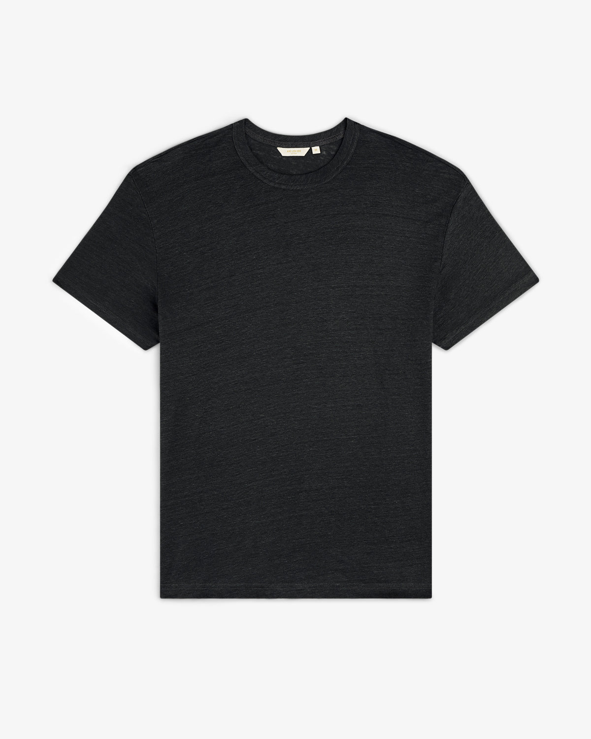 A black, short-sleeve Linen Tee with a crew neck is laid flat on a white background.
