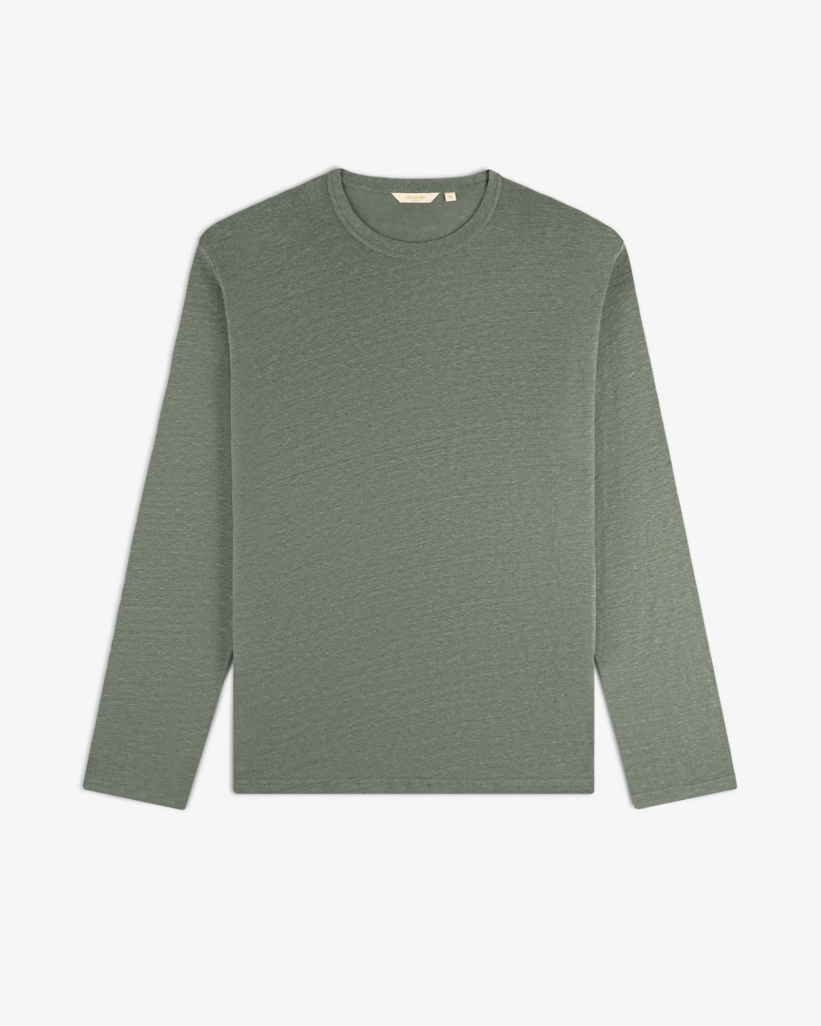 Long-Sleeve Linen Tee in muted green, crew-neck style, shown flat on a white background.